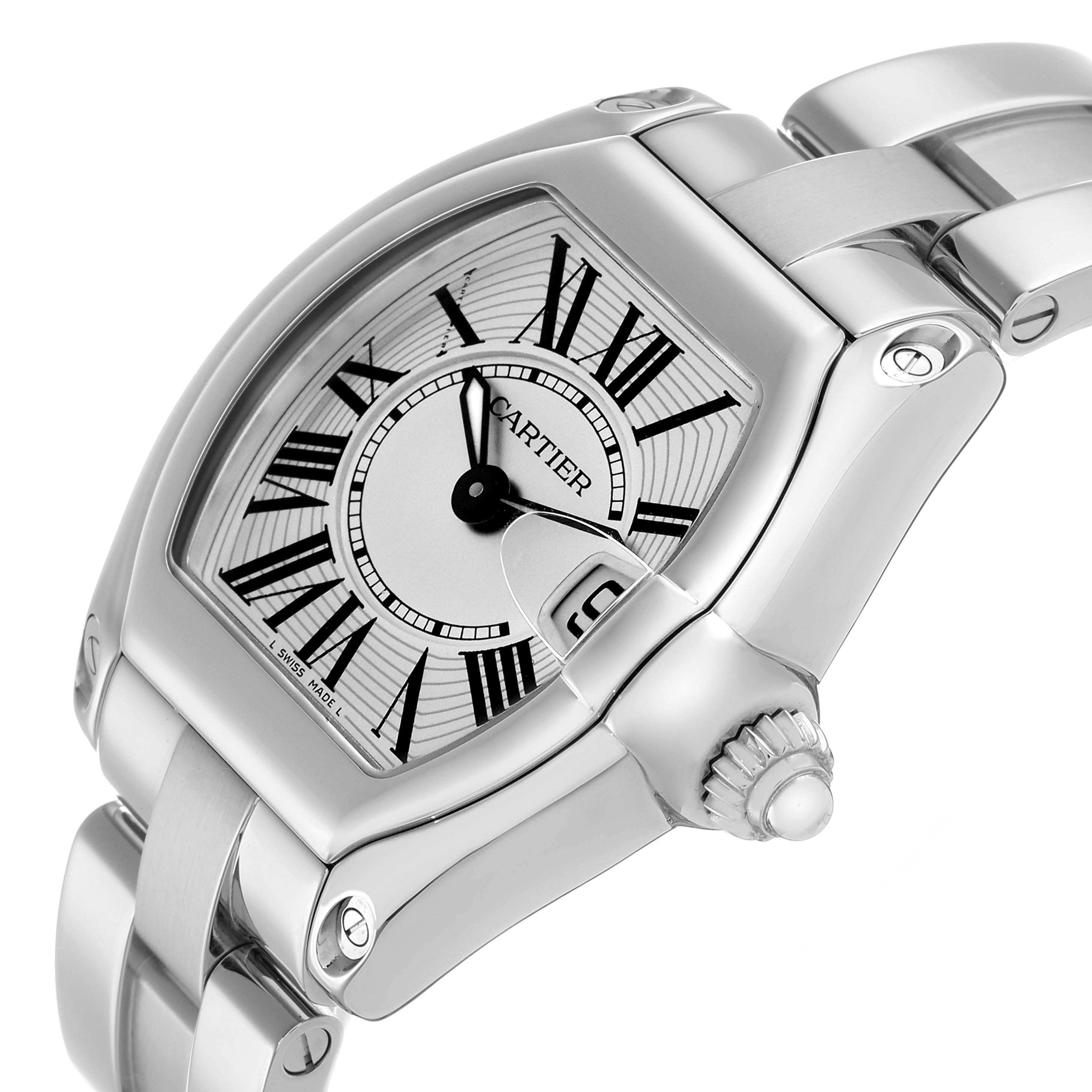 The Cartier Roadster W62016V3 Women
s Stainless Steel Silver Dial model is shown at a side angle, highlighting the bezel, dial with Roman numerals, and bracelet.
