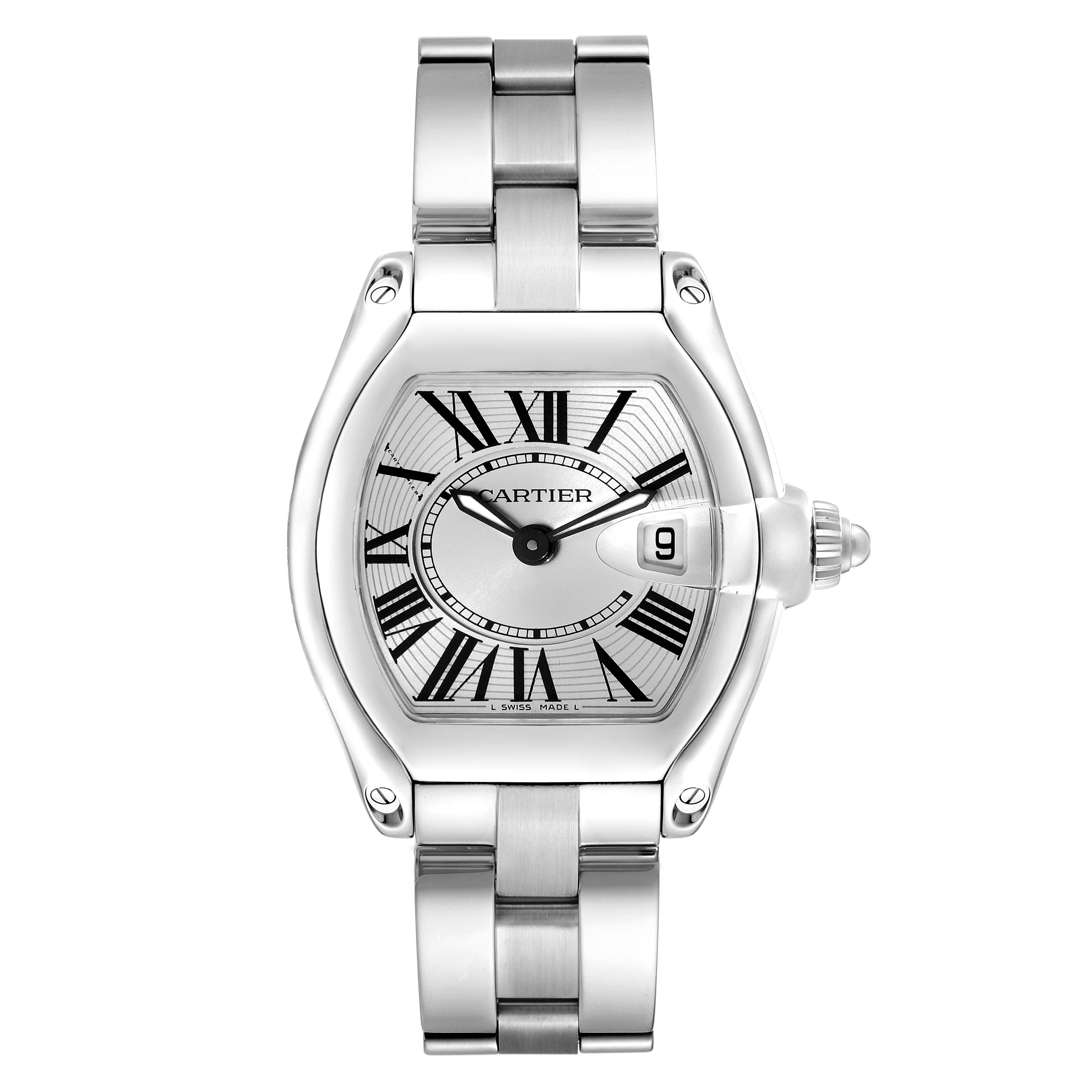 The Cartier Roadster W62016V3 Women
s Stainless Steel Silver Dial watch is shown from a top view, featuring its dial, bracelet, and date magnifier.