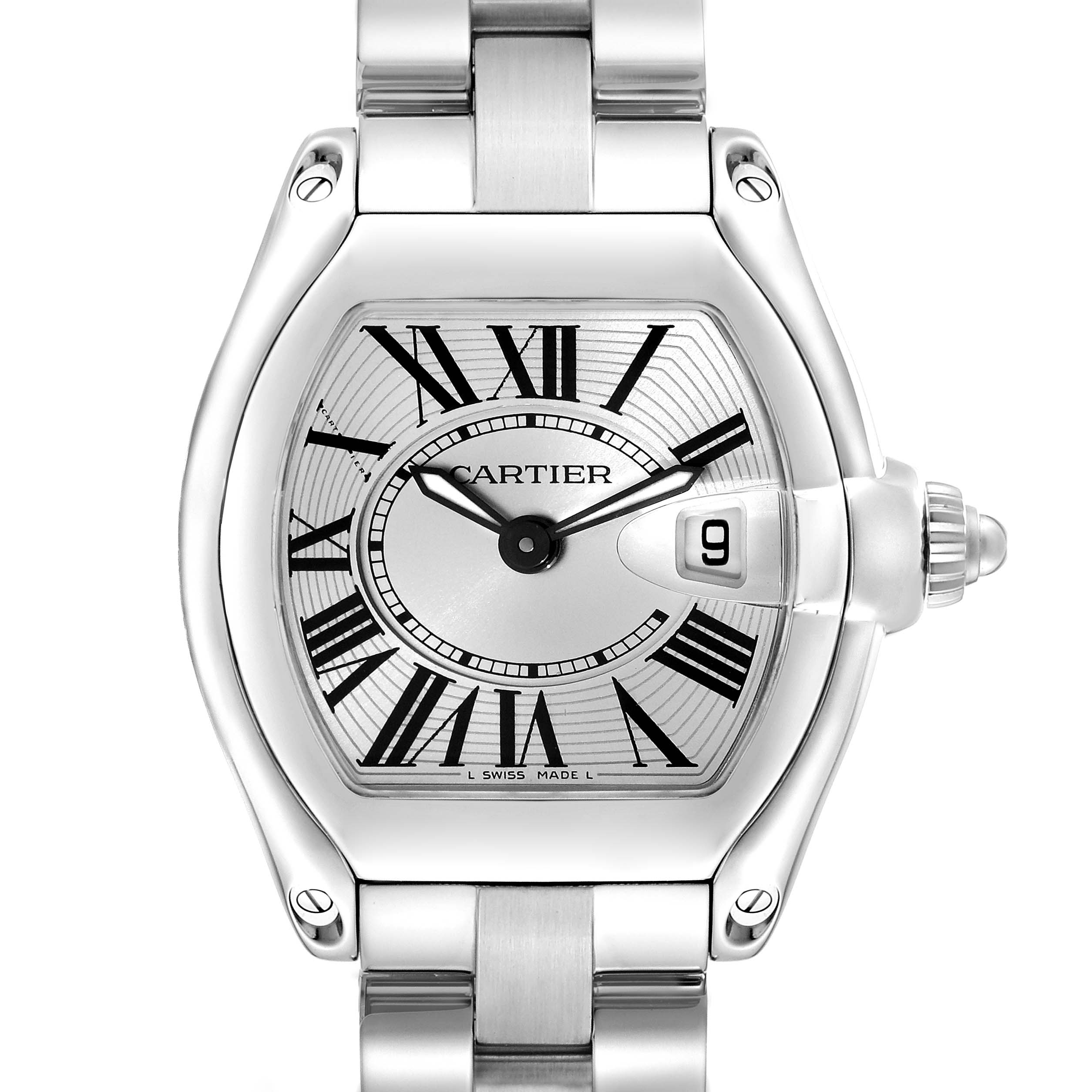 The Cartier Roadster W62016V3 Women
s Stainless Steel Silver Dial watch is shown from the front, displaying the face, Roman numerals, and metal bracelet.