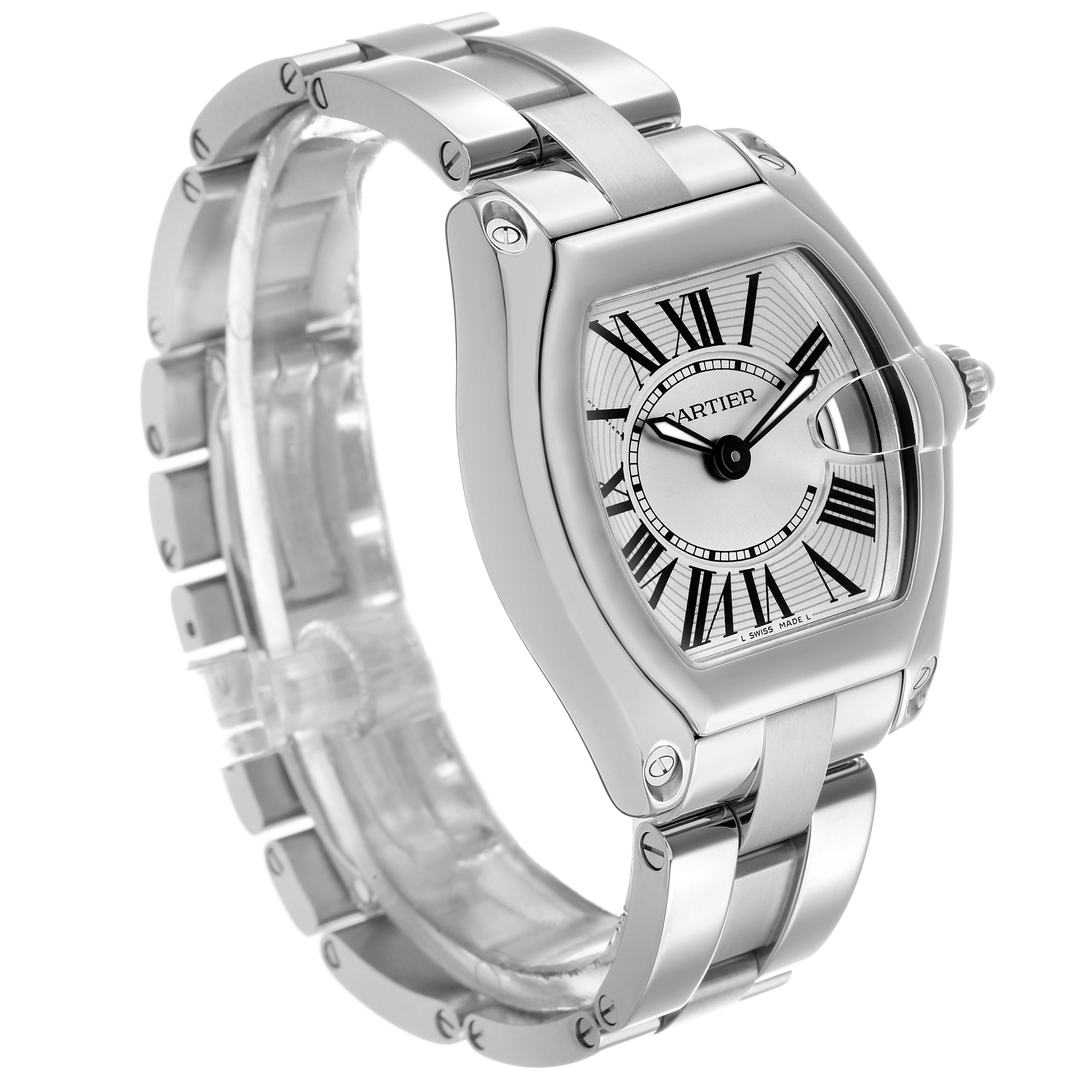 The Cartier Roadster W62016V3 Women
s Stainless Steel Silver Dial watch is shown from a three-quarter angle, displaying the dial, bezel, and bracelet clearly.