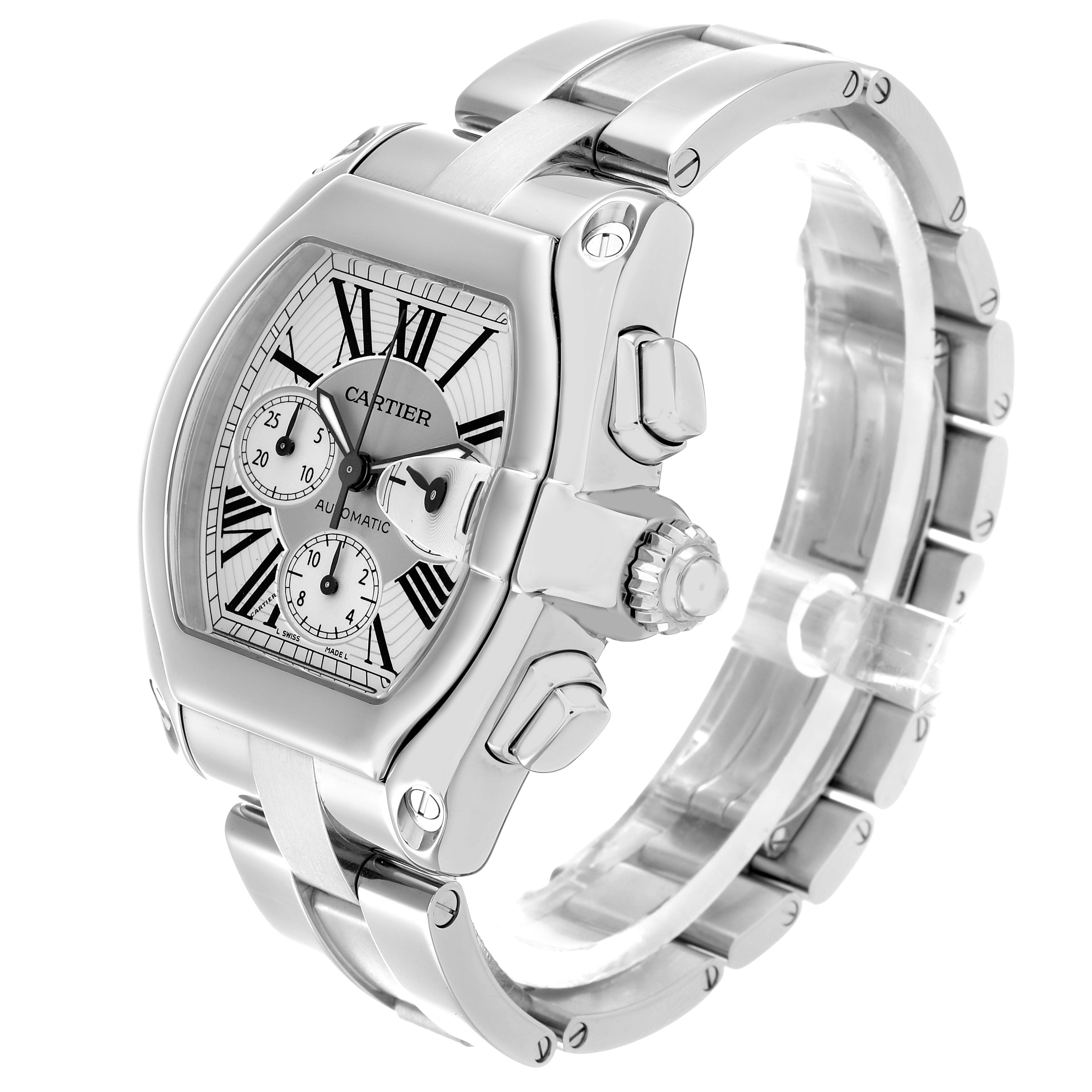 The Cartier Roadster W62019X6 Men
s Stainless Steel Silver Dial watch is shown at an angled view, highlighting its dial, crown, chronograph subdials, and steel bracelet.