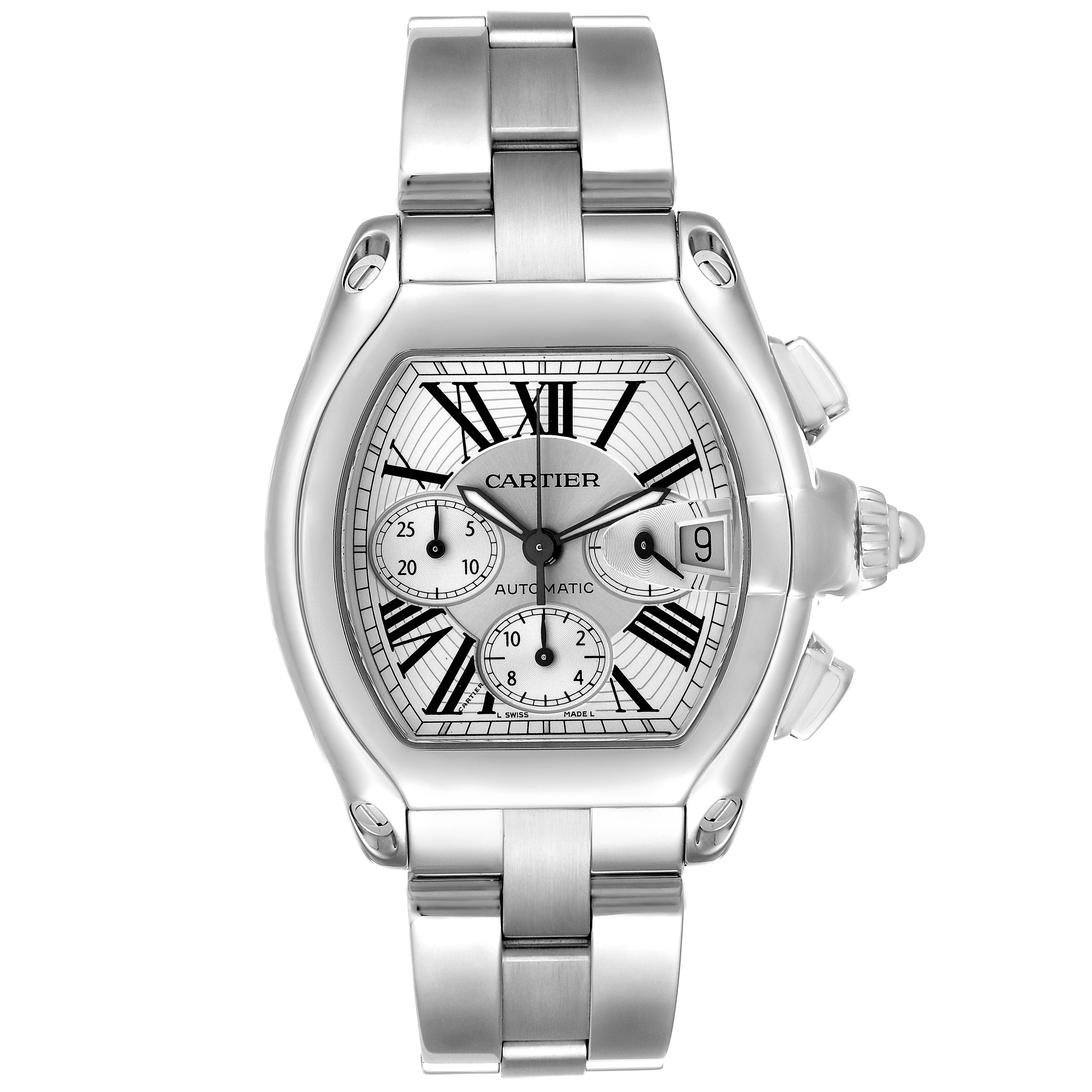 The Cartier Roadster W62019X6 Men
s Stainless Steel Silver Dial watch is shown from a front angle, displaying the dial, bezel, bracelet, and crown.