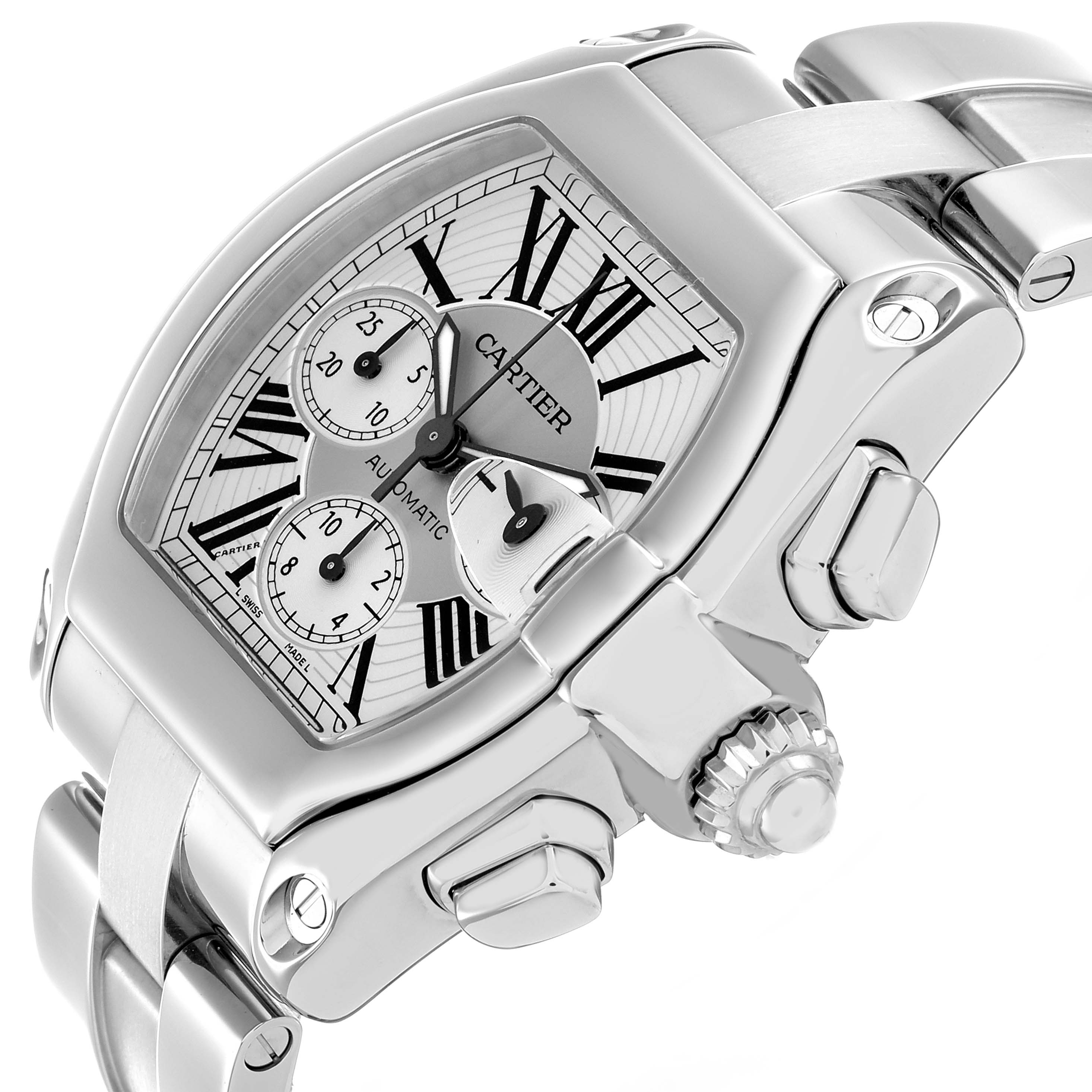 The Cartier Roadster W62019X6 Men
s Stainless Steel Silver Dial watch is shown from an angled side view, highlighting its face, crown, and bracelet design.