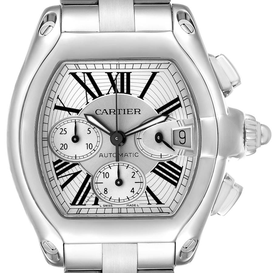 The Cartier Roadster W62019X6 Men's Stainless Steel Silver Dial watch is shown from the front, highlighting the dial, case, and crown.