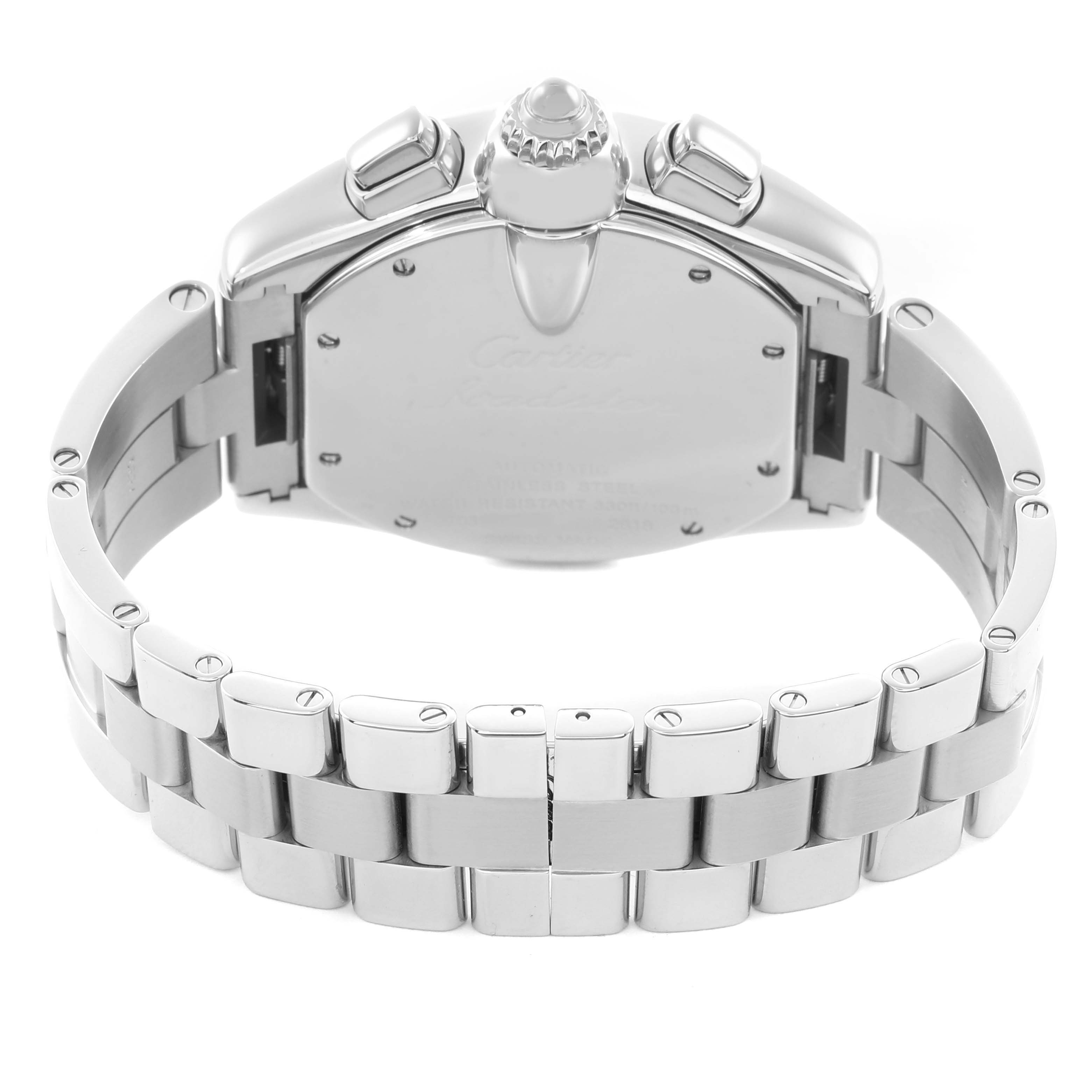 The image shows the back and bracelet of the Cartier Roadster W62019X6 Men
s Stainless Steel Silver Dial watch, highlighting the clasp and links.