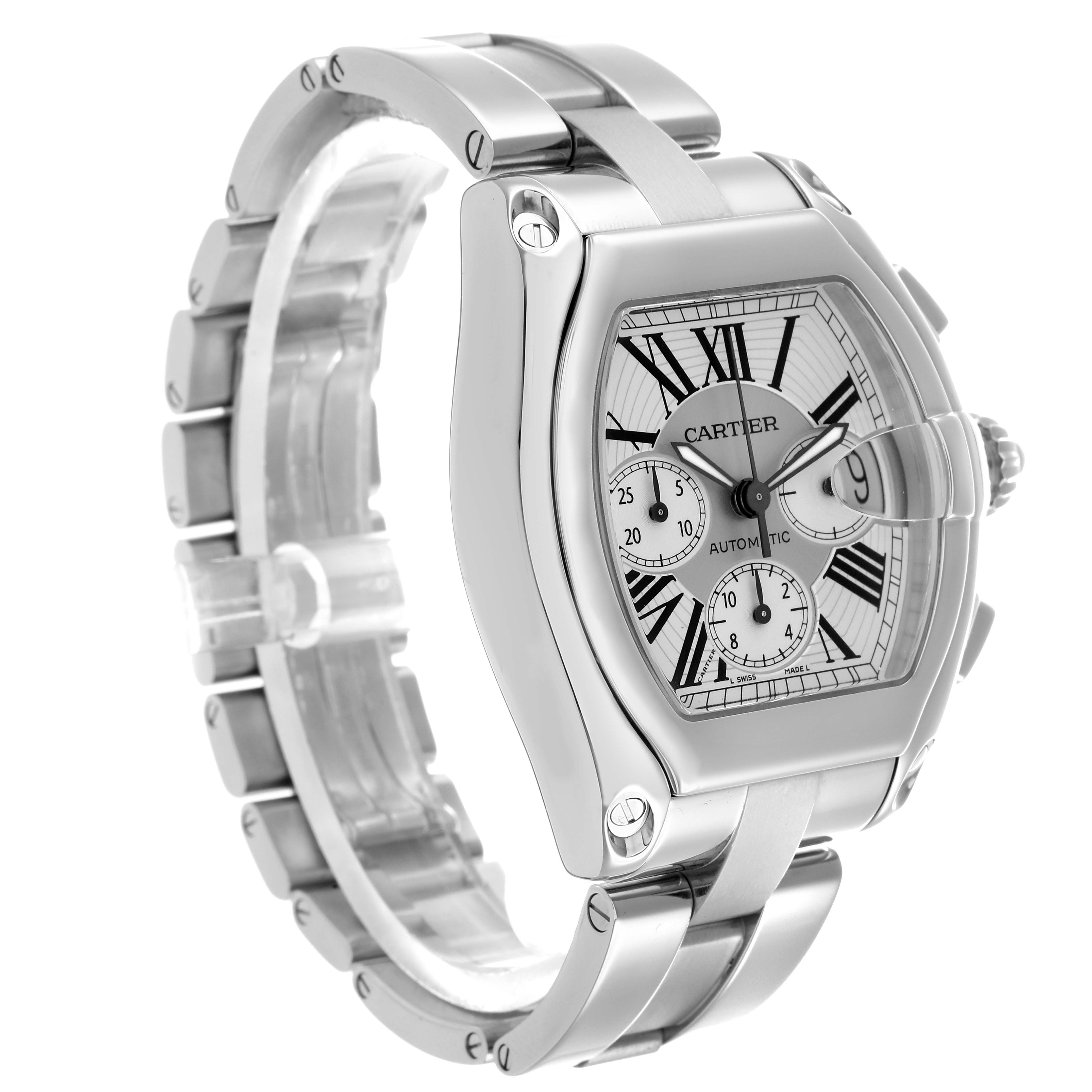 The Cartier Roadster W62019X6 Men
s Stainless Steel Silver Dial watch is shown at a three-quarter angle, highlighting the dial, case, crown, and bracelet.