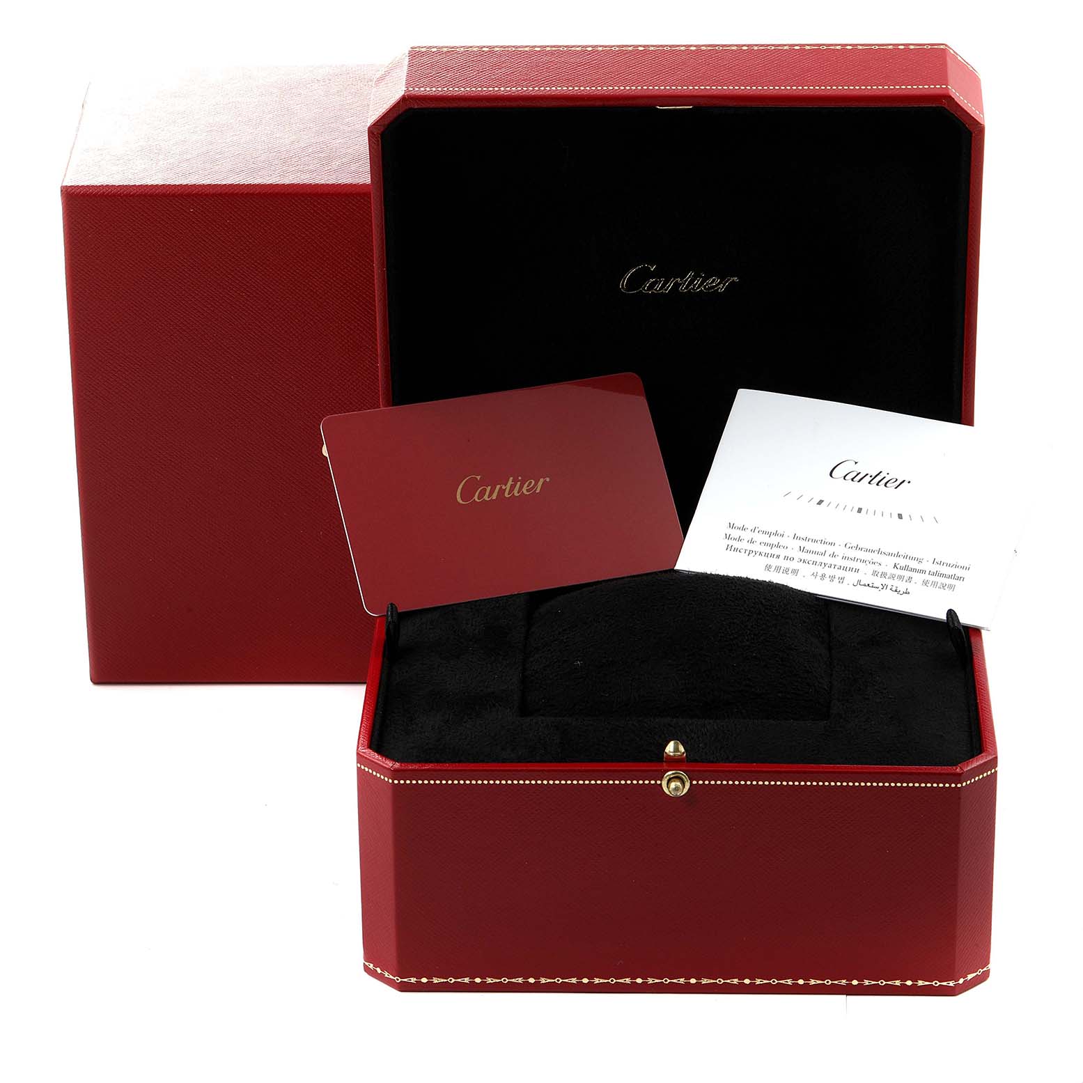 The image shows the red, open box and packaging for the Cartier Ronde WGRN0006 Men
s Rose Gold Silver Dial WGRN0006 Men
s Rose Gold Silver Dial watch, along with a warranty card and instruction booklet.