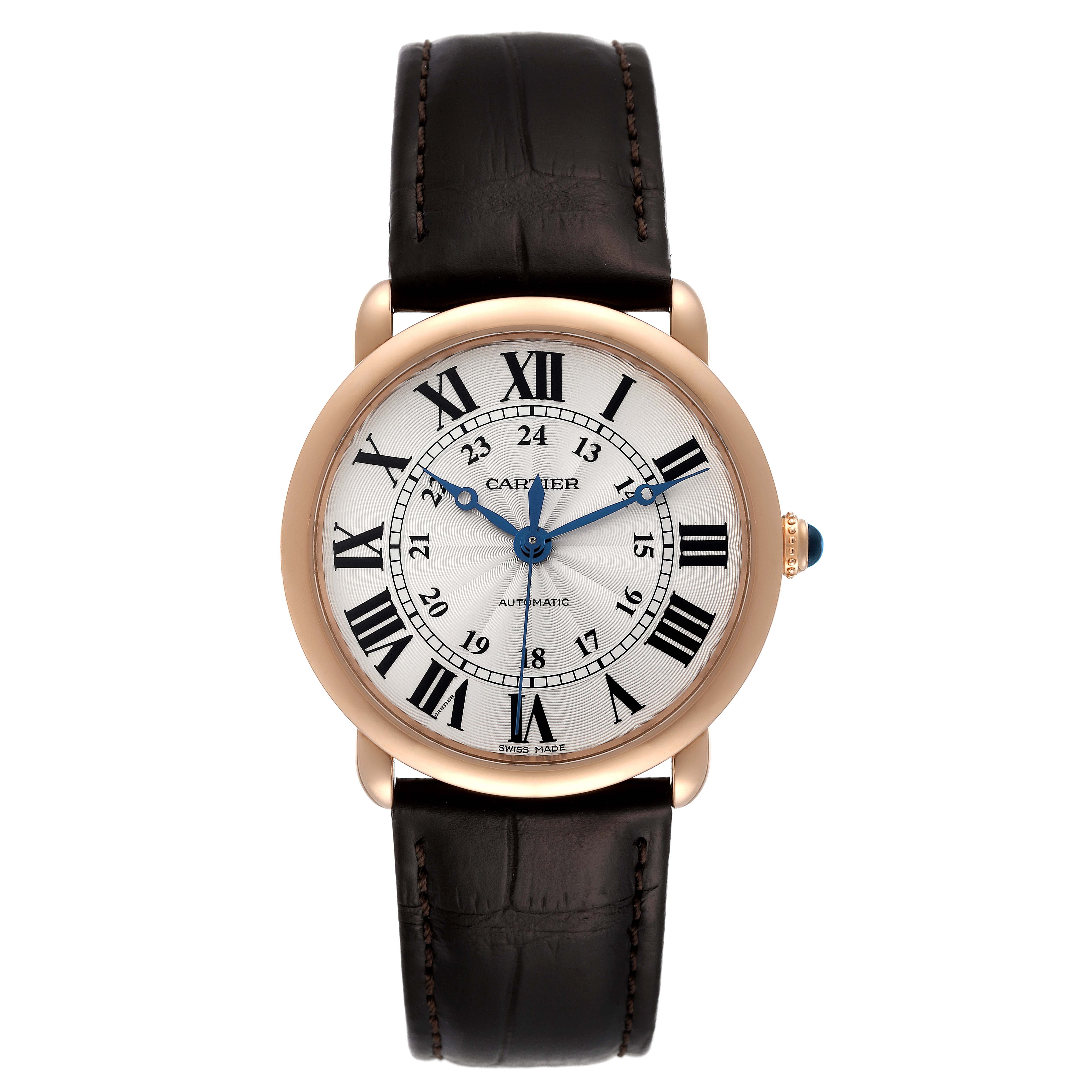 The image shows a front view of the Cartier Ronde WGRN0006 Men
s Rose Gold Silver Dial WGRN0006 Men
s Rose Gold Silver Dial watch, displaying its dial, bezel, crown, and leather strap.