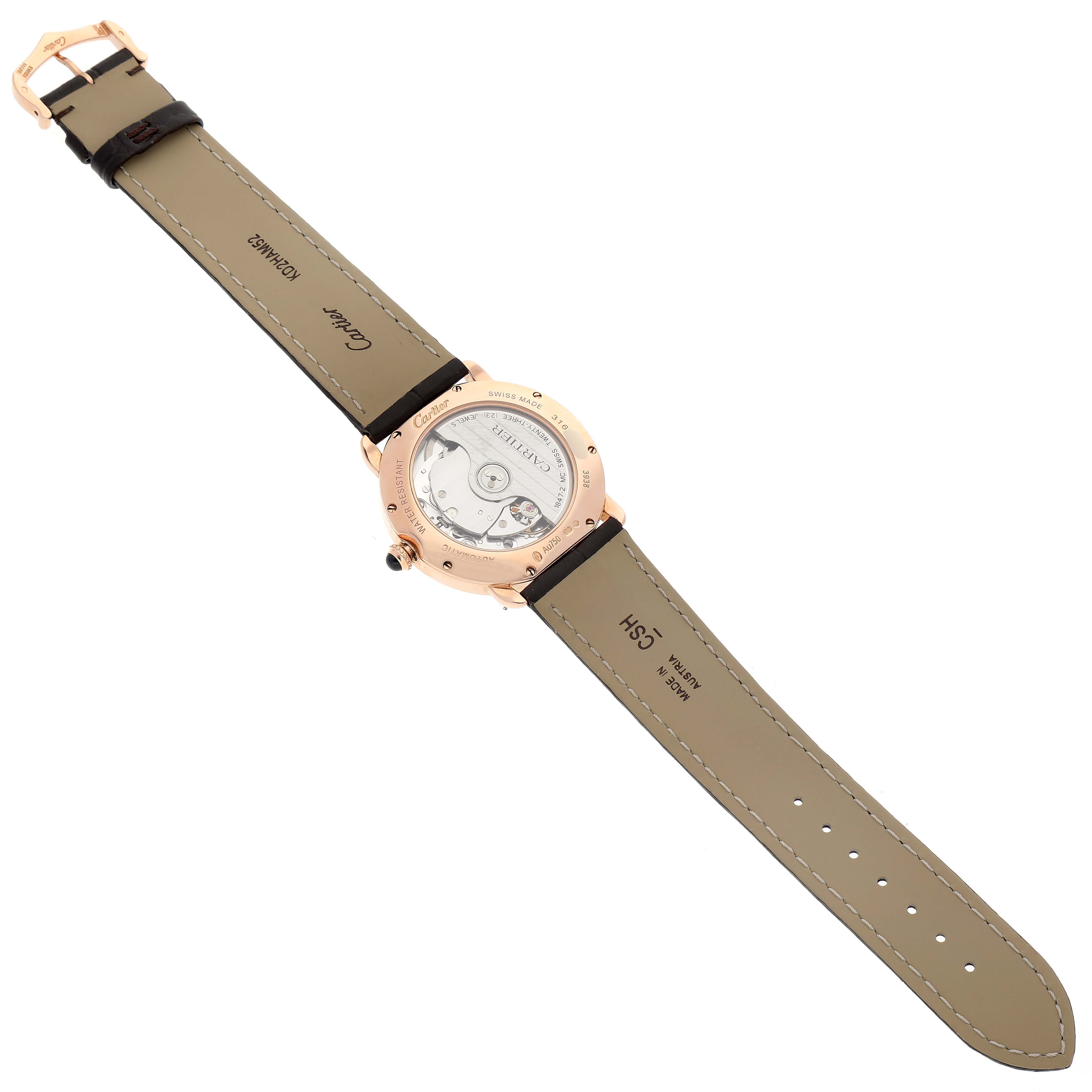 The image shows a Cartier Ronde WGRN0006 Men
s Rose Gold Silver Dial WGRN0006 Men
s Rose Gold Silver Dial watch from the back, displaying the movement and leather straps.