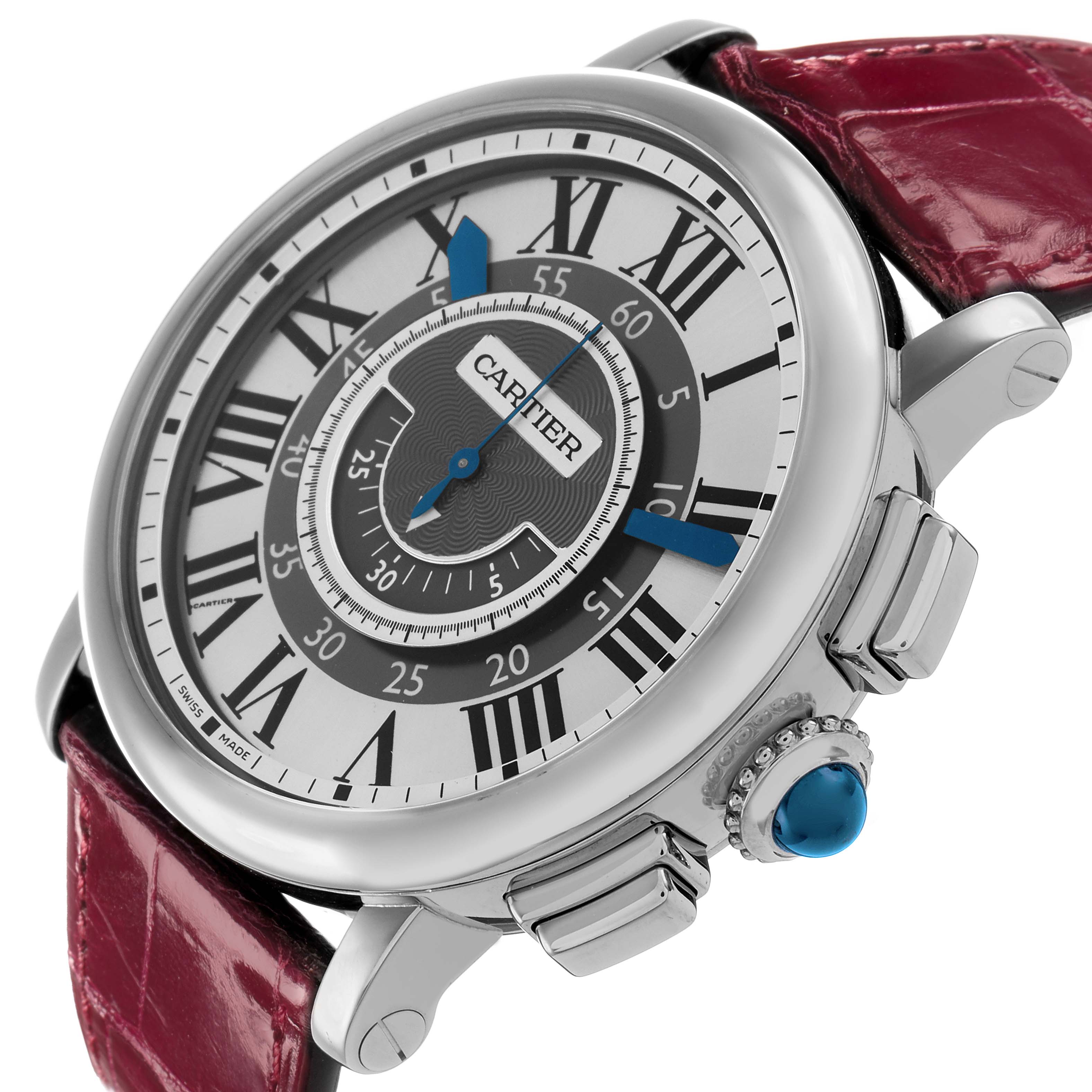 The Cartier Rotonde W1556051 Men
s White Gold Grey Dial watch is shown at an angle highlighting the dial, bezel, crown with a blue gemstone, and part of the strap.