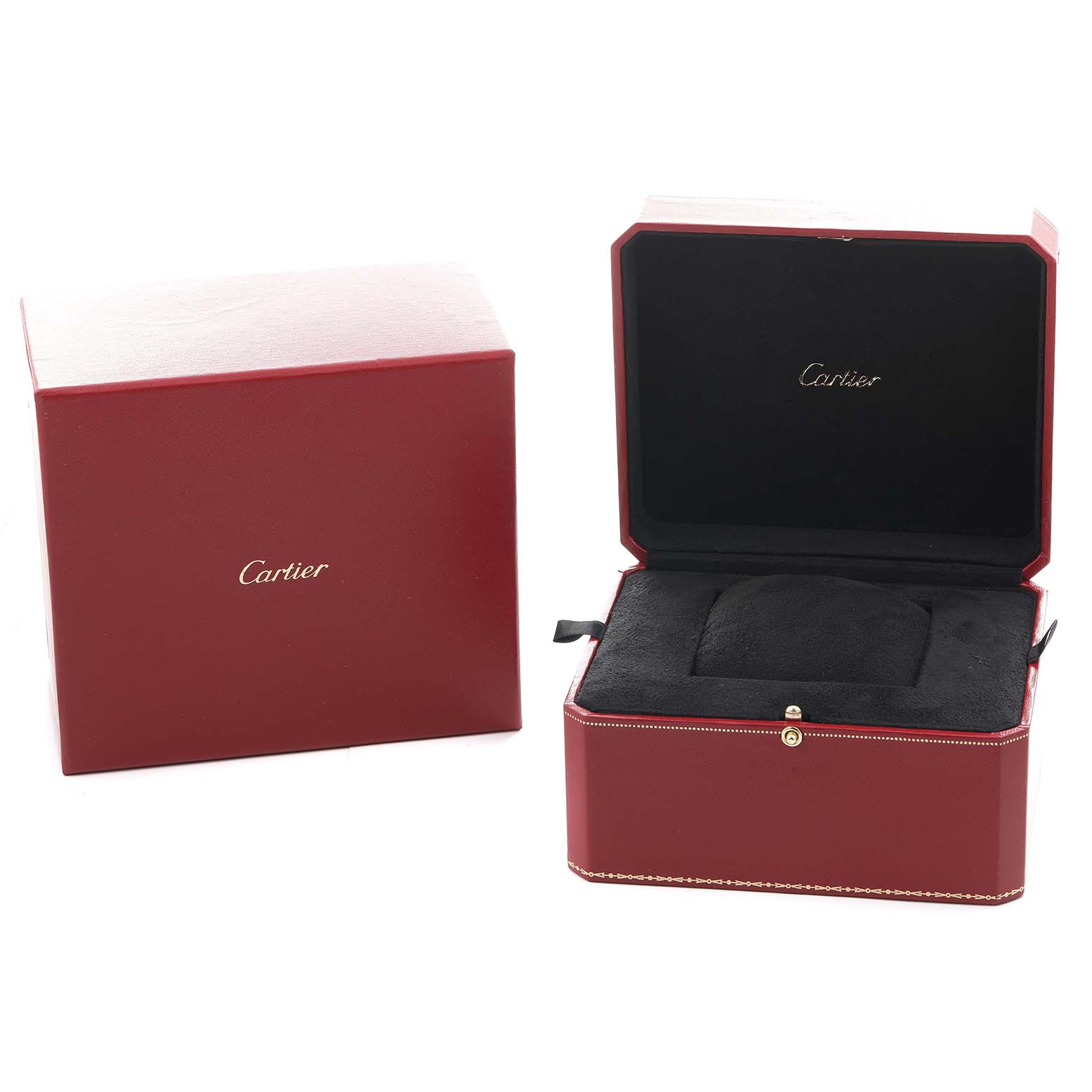 The image shows an open and closed red Cartier watch box for the Rotonde model, revealing the black interior and padding.