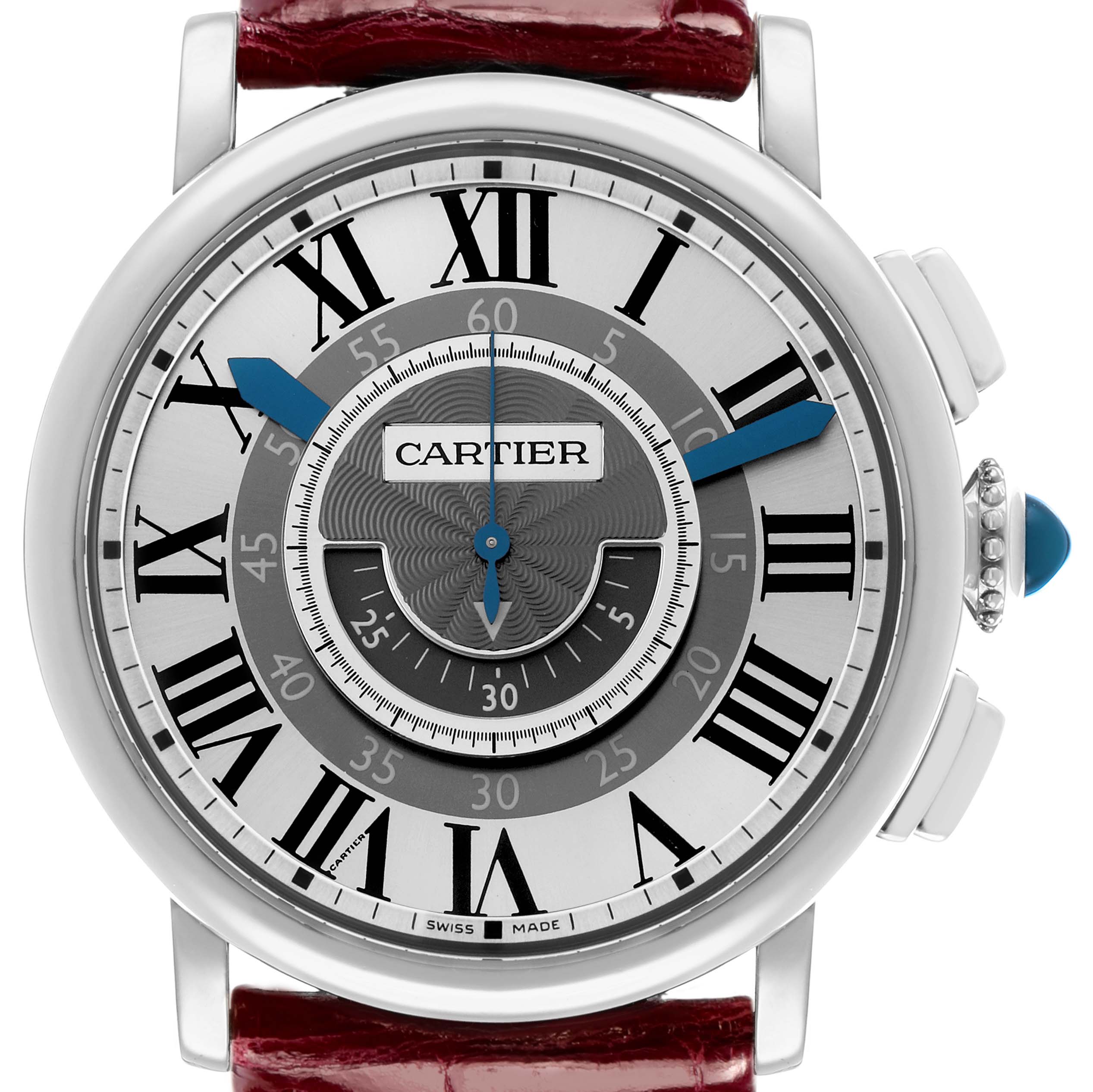 The Cartier Rotonde W1556051 Men
s White Gold Grey Dial watch is shown from the front, highlighting its dial, hands, and Roman numeral markers.