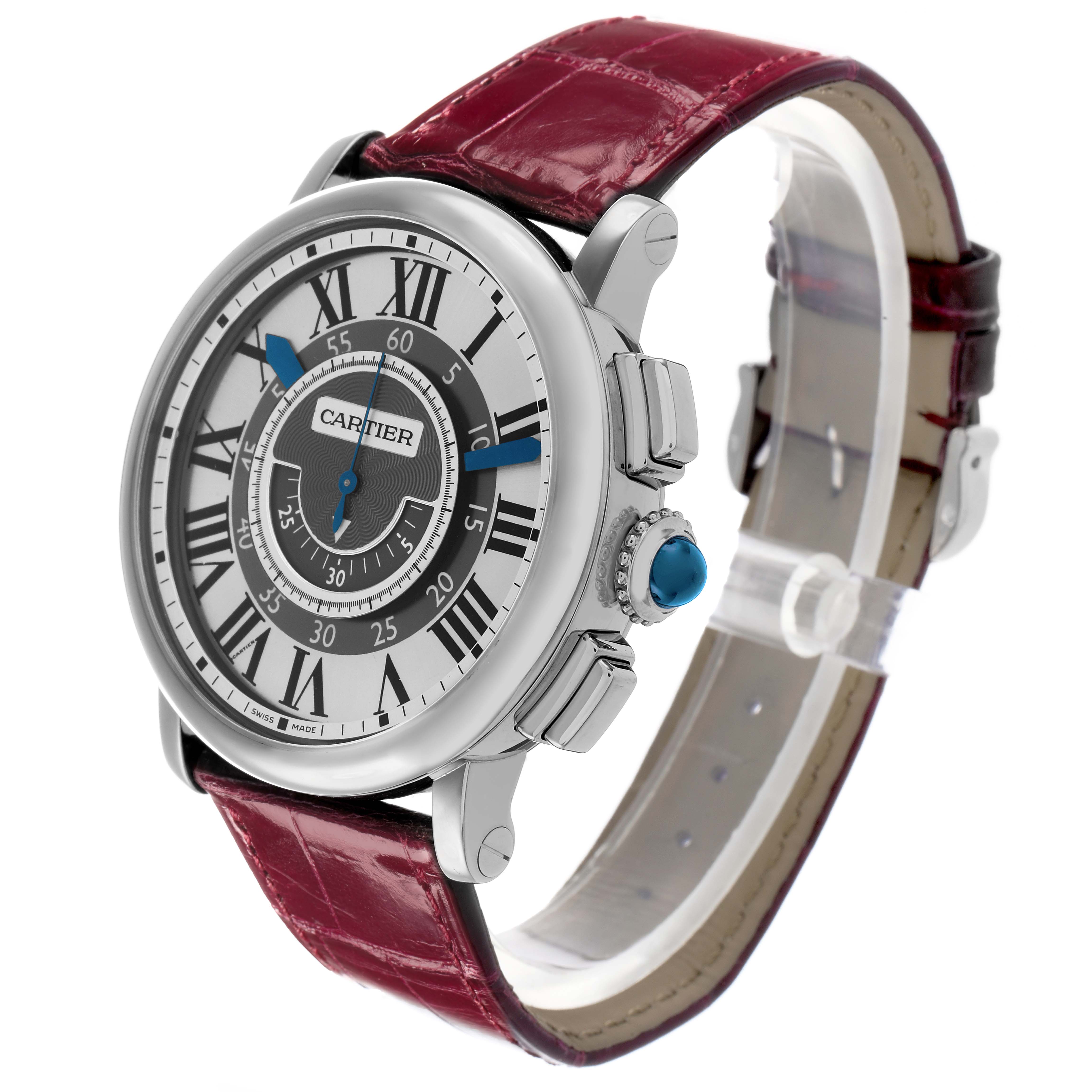 The Cartier Rotonde W1556051 Men
s White Gold Grey Dial watch is shown at a slight upward angle, highlighting the dial, crown, and burgundy strap.