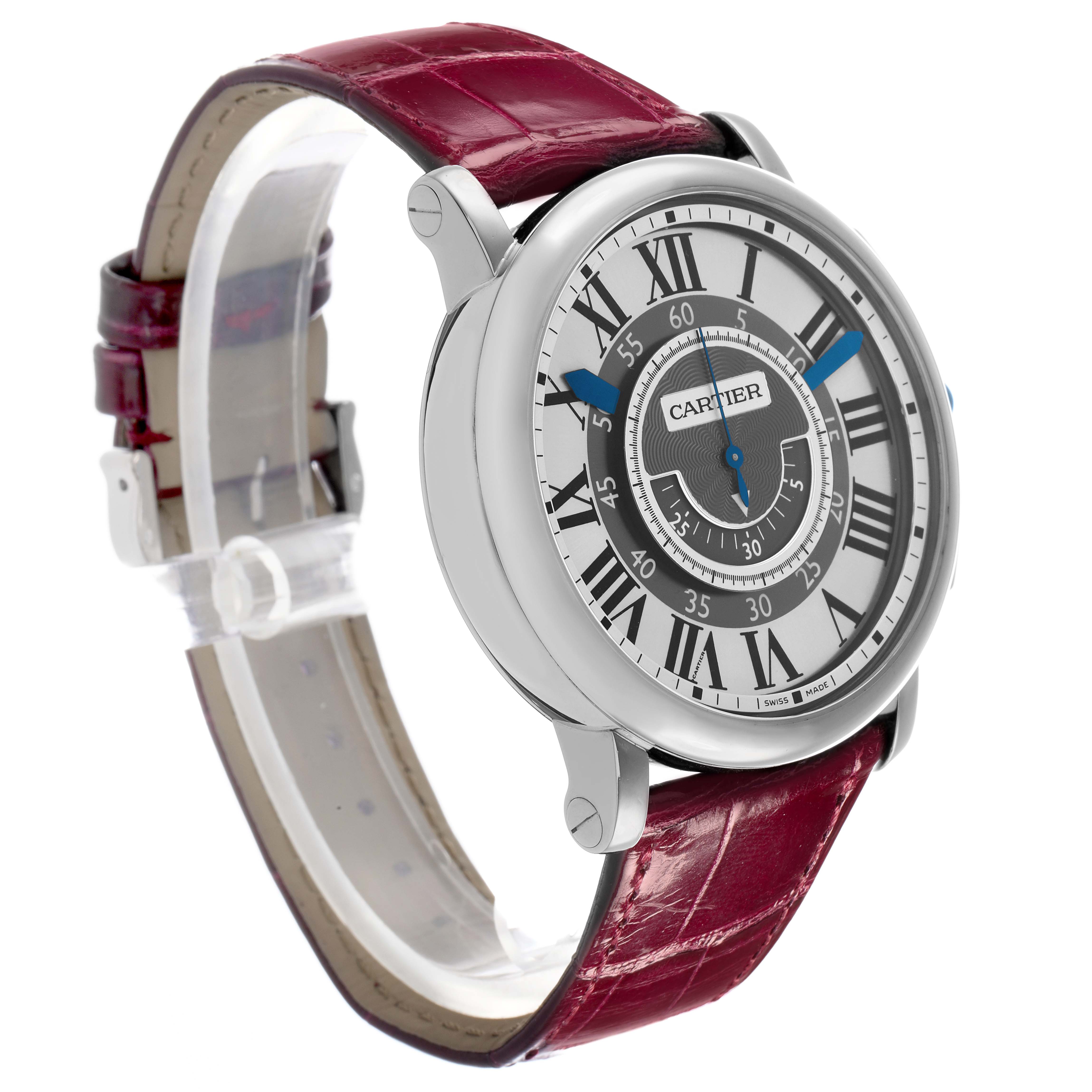 The Cartier Rotonde W1556051 Men
s White Gold Grey Dial watch is shown at an angled side view, highlighting the dial, case, and red leather strap.