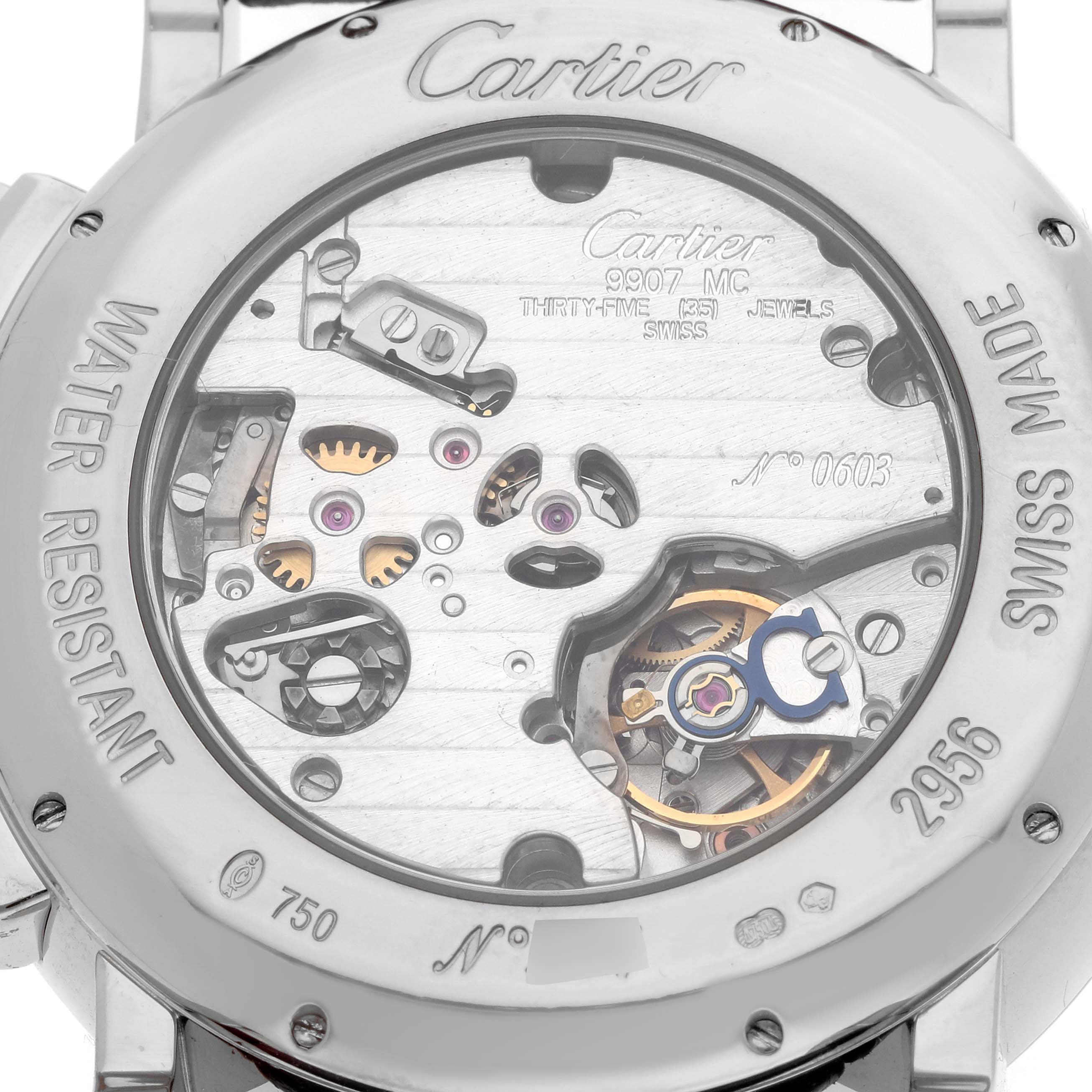 The image shows the back view of a Cartier Rotonde W1556051 Men
s White Gold Grey Dial watch, revealing the movement and internal components.