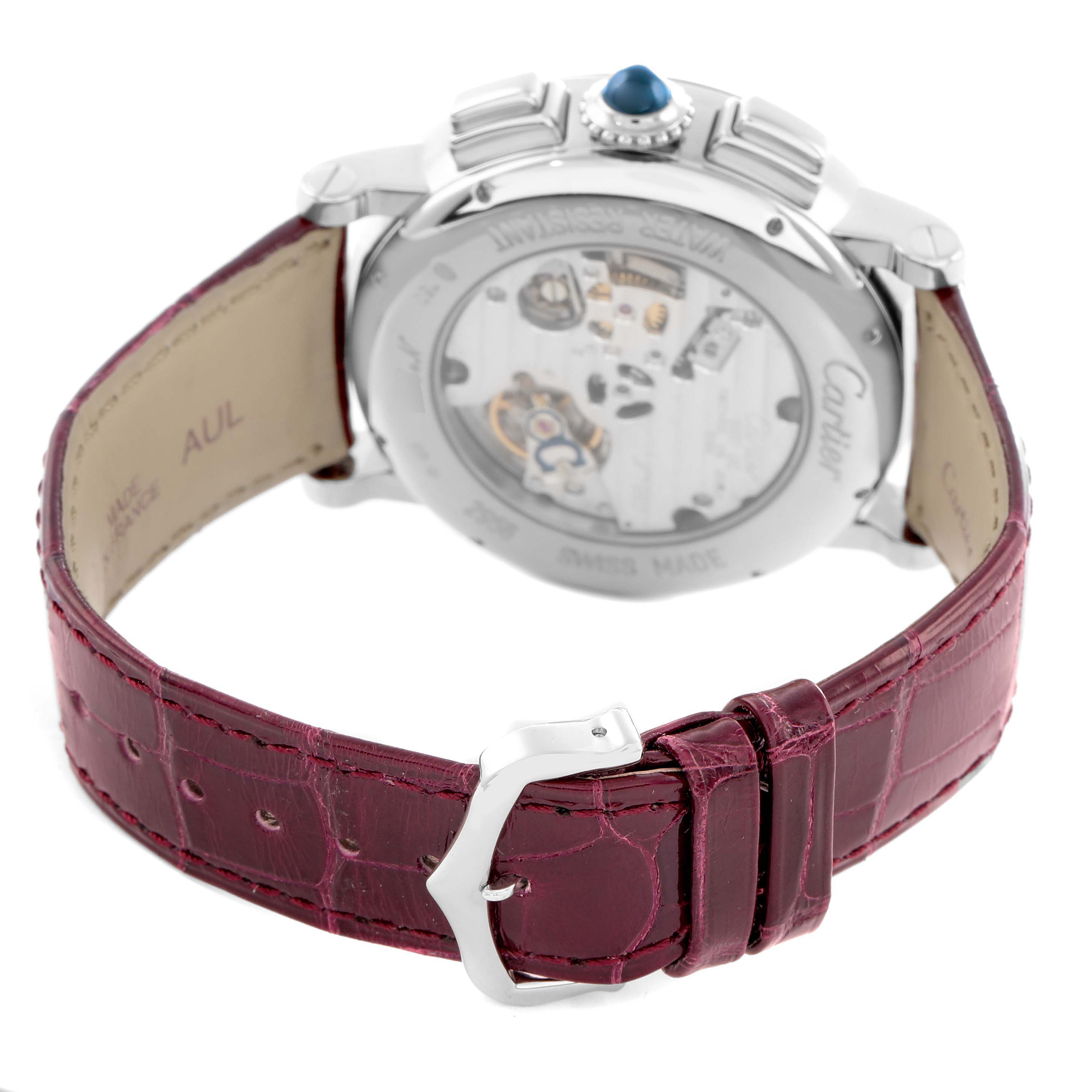 The image shows the back of the Cartier Rotonde W1556051 Men
s White Gold Grey Dial watch, highlighting the movement and the red leather strap with a buckle.