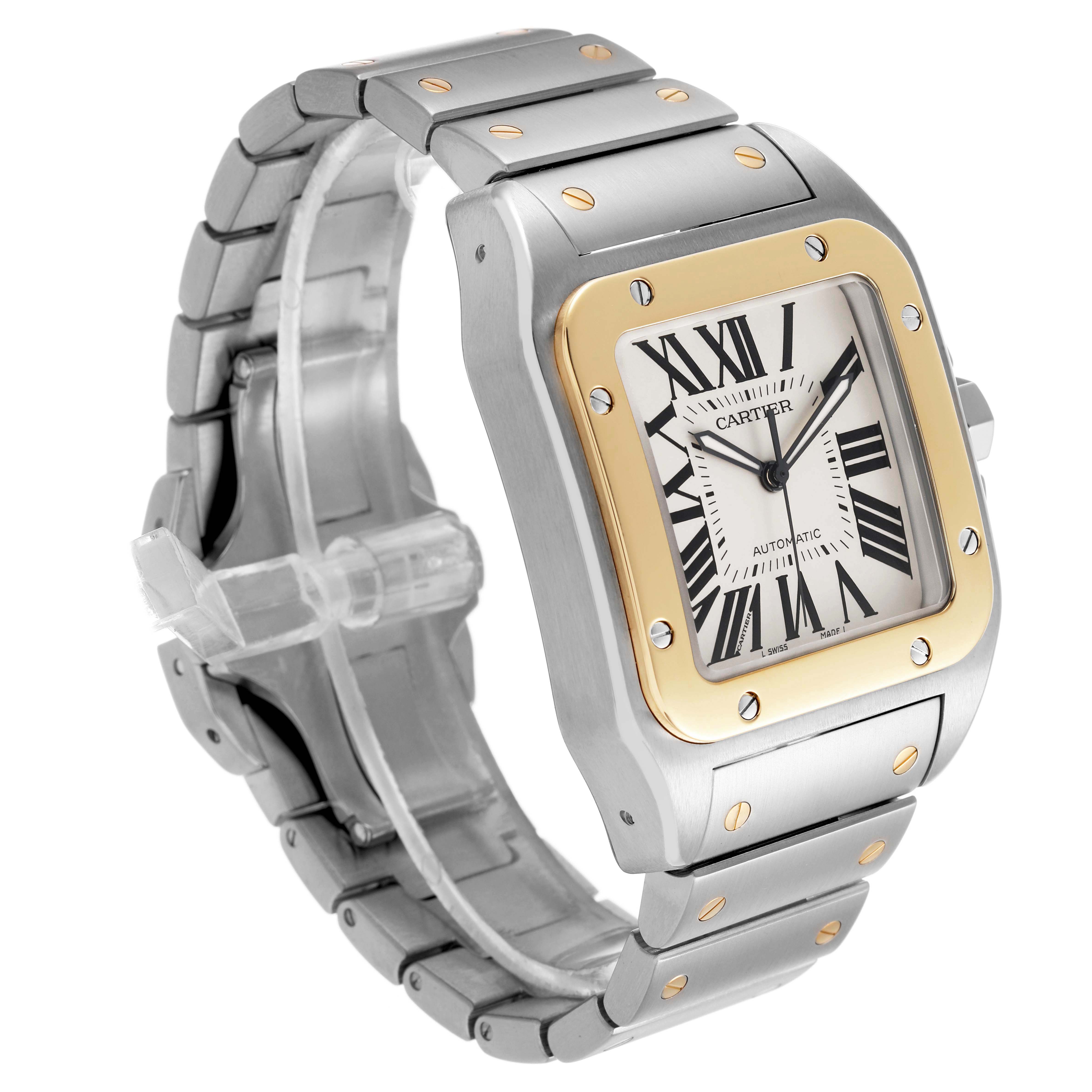 The Cartier Santos W200728G Men's Stainless Steel Silver Dial watch is shown at an angled side view, highlighting its square face and metal bracelet with gold screws.