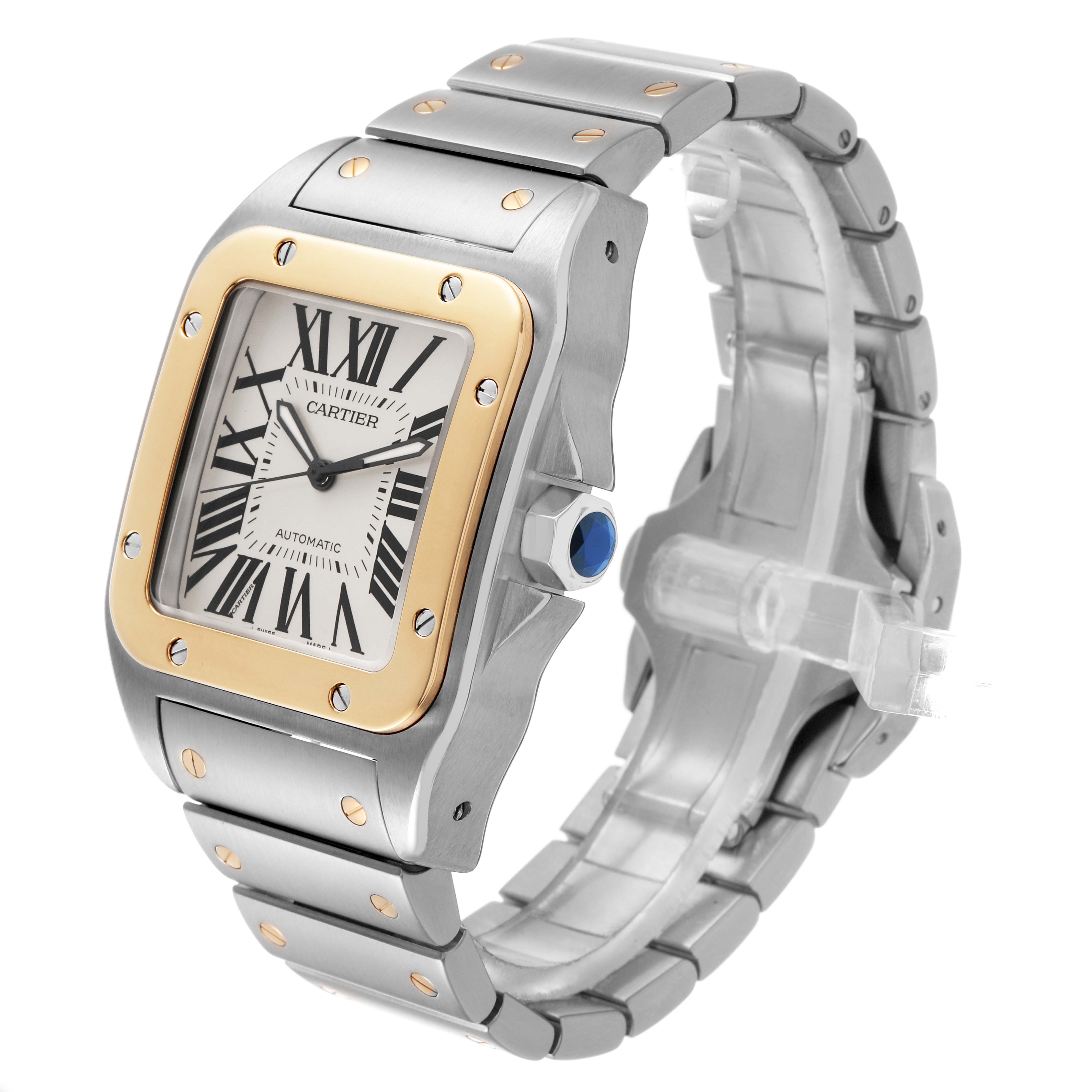 The Cartier Santos W200728G Men's Stainless Steel Silver Dial watch is shown at a three-quarter angle, displaying the face, bezel, crown, and bracelet.