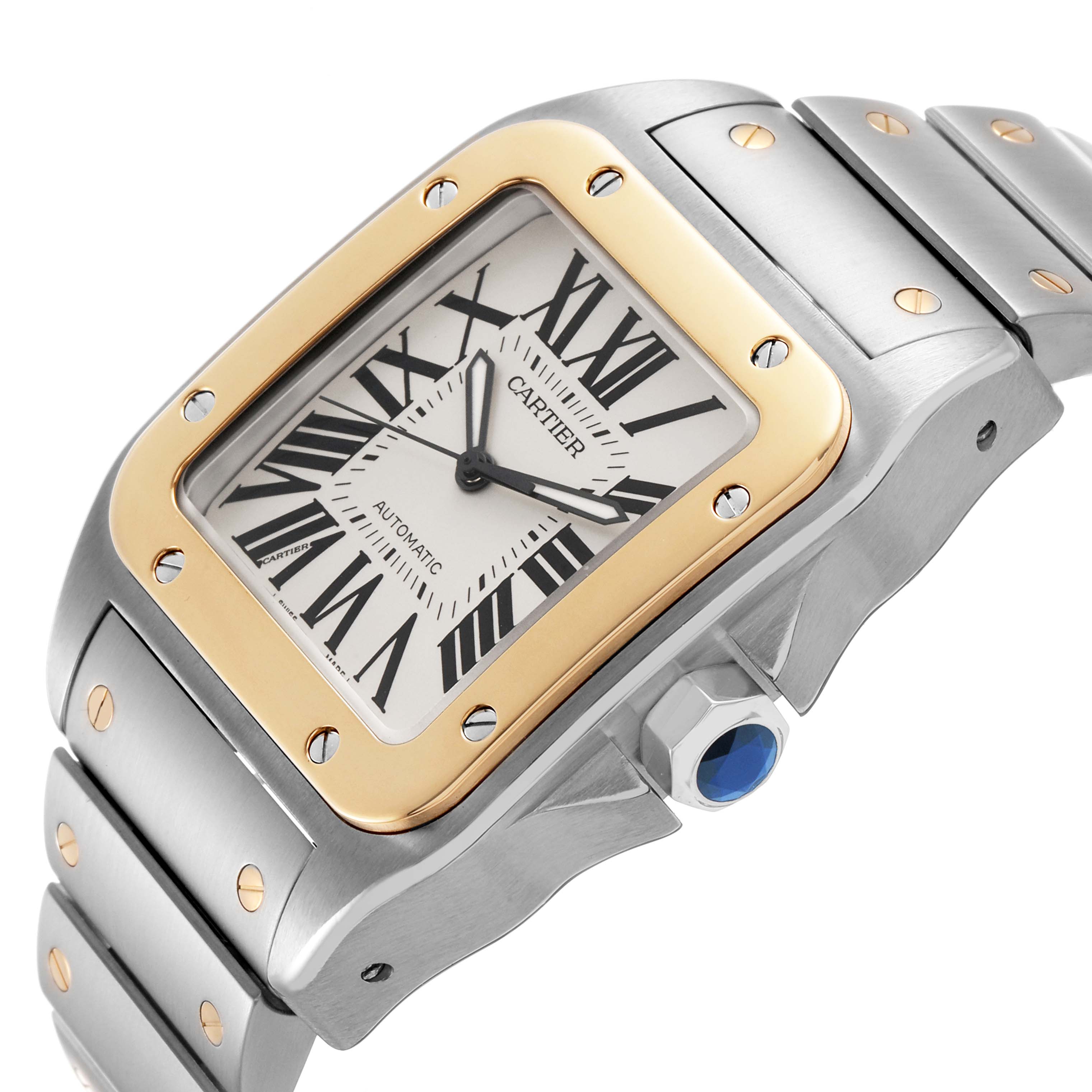 The Cartier Santos W200728G Men's Stainless Steel Silver Dial watch is shown at a side angle displaying the bezel, dial, crown, and part of the bracelet.