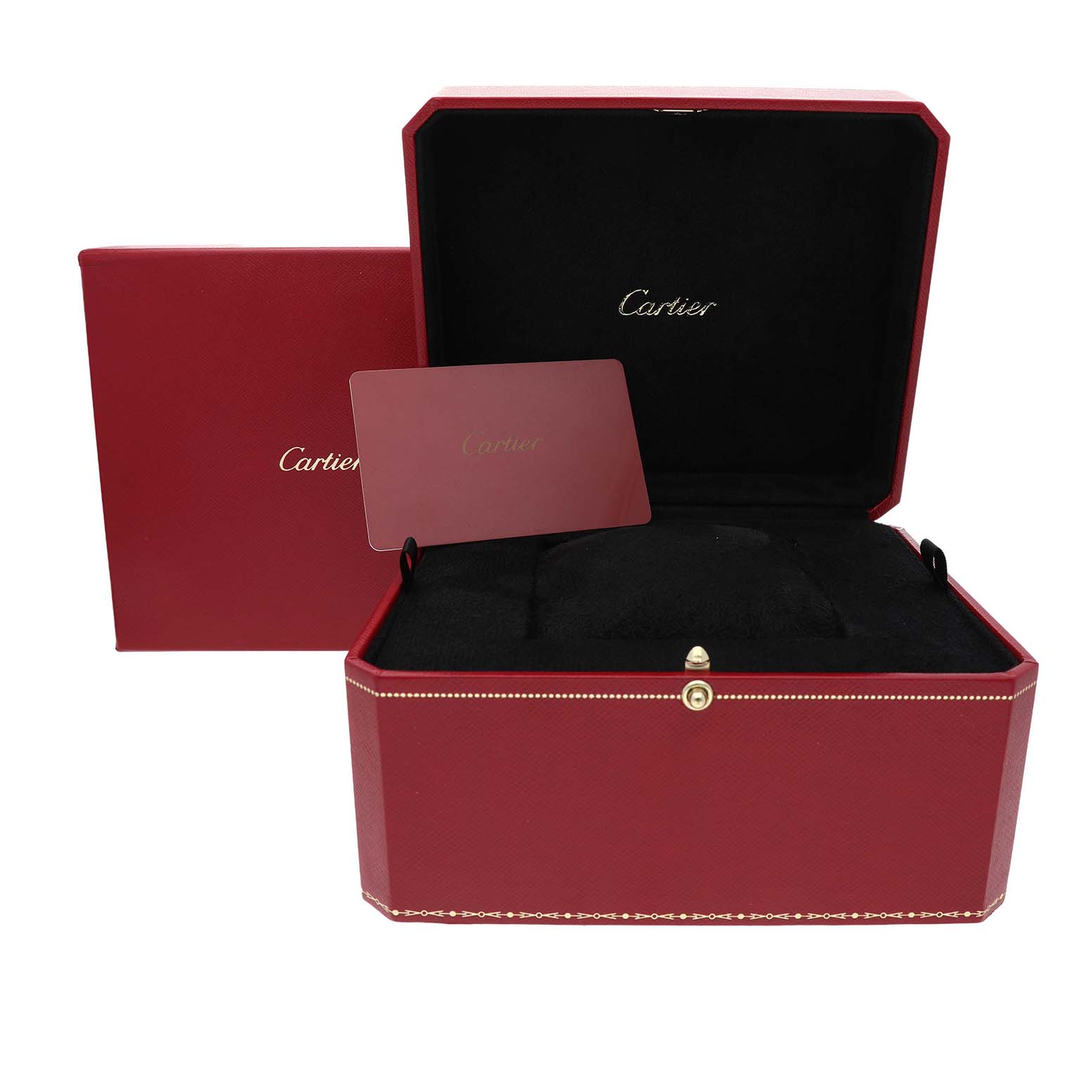The image shows a red Cartier Santos W200728G Men's Stainless Steel Silver Dial watch box with the interior exposed and a Cartier card placed inside.