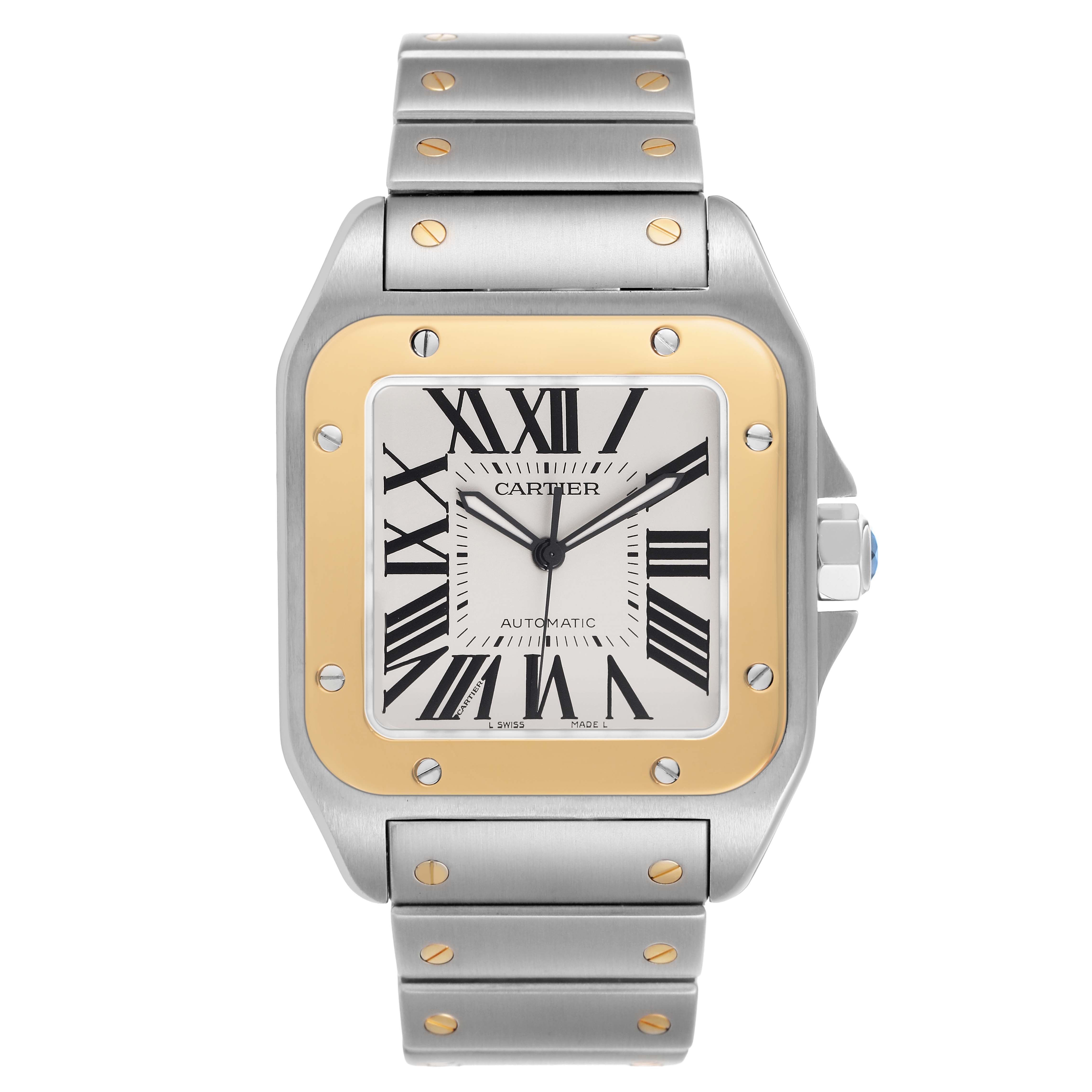 The Cartier Santos W200728G Men's Stainless Steel Silver Dial watch is shown from a front angle, highlighting its dial, bracelet, and bezel.