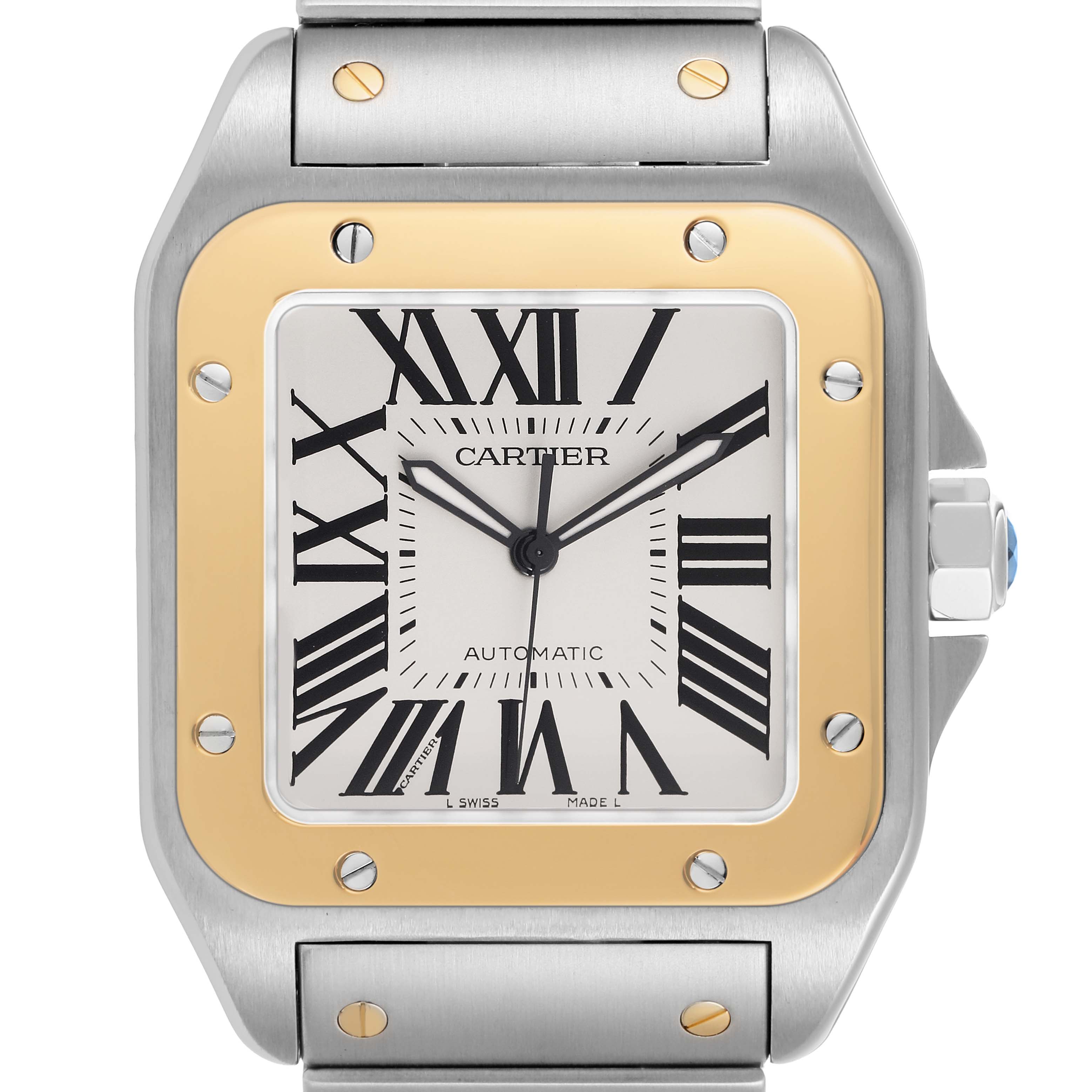 The Cartier Santos W200728G Men's Stainless Steel Silver Dial watch is shown from the front, highlighting the face, bezel, and part of the bracelet.