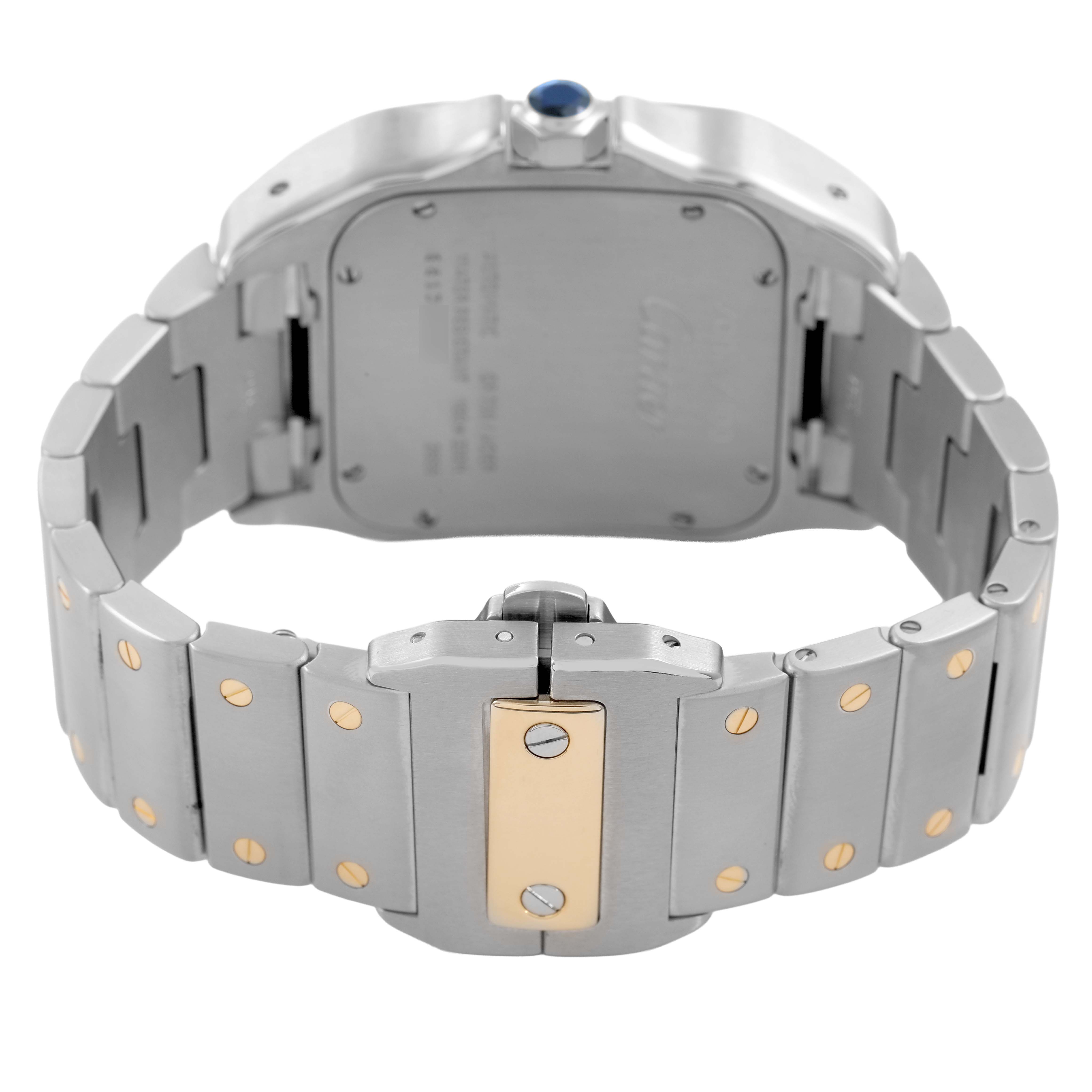 The image displays the back and bracelet of a Cartier Santos W200728G Men's Stainless Steel Silver Dial watch, featuring a metallic finish with gold accents.