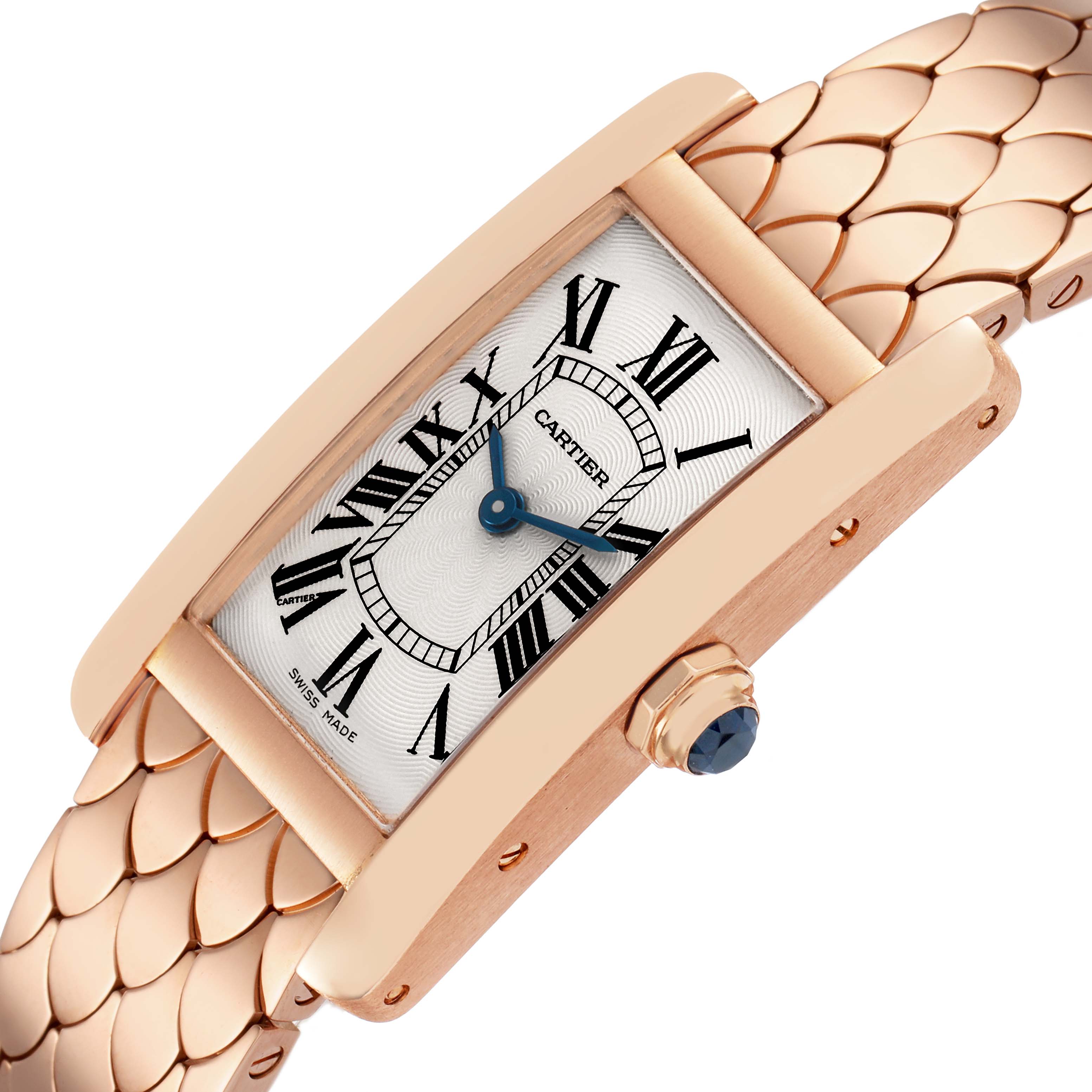 The Cartier Tank Américaine watch is shown at a close angle, highlighting the case, crown, bracelet, and dial with Roman numerals.