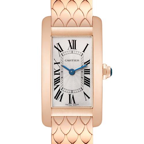 The Cartier Tank Américaine watch is shown from the front, highlighting its face, Roman numerals, and unique band design.