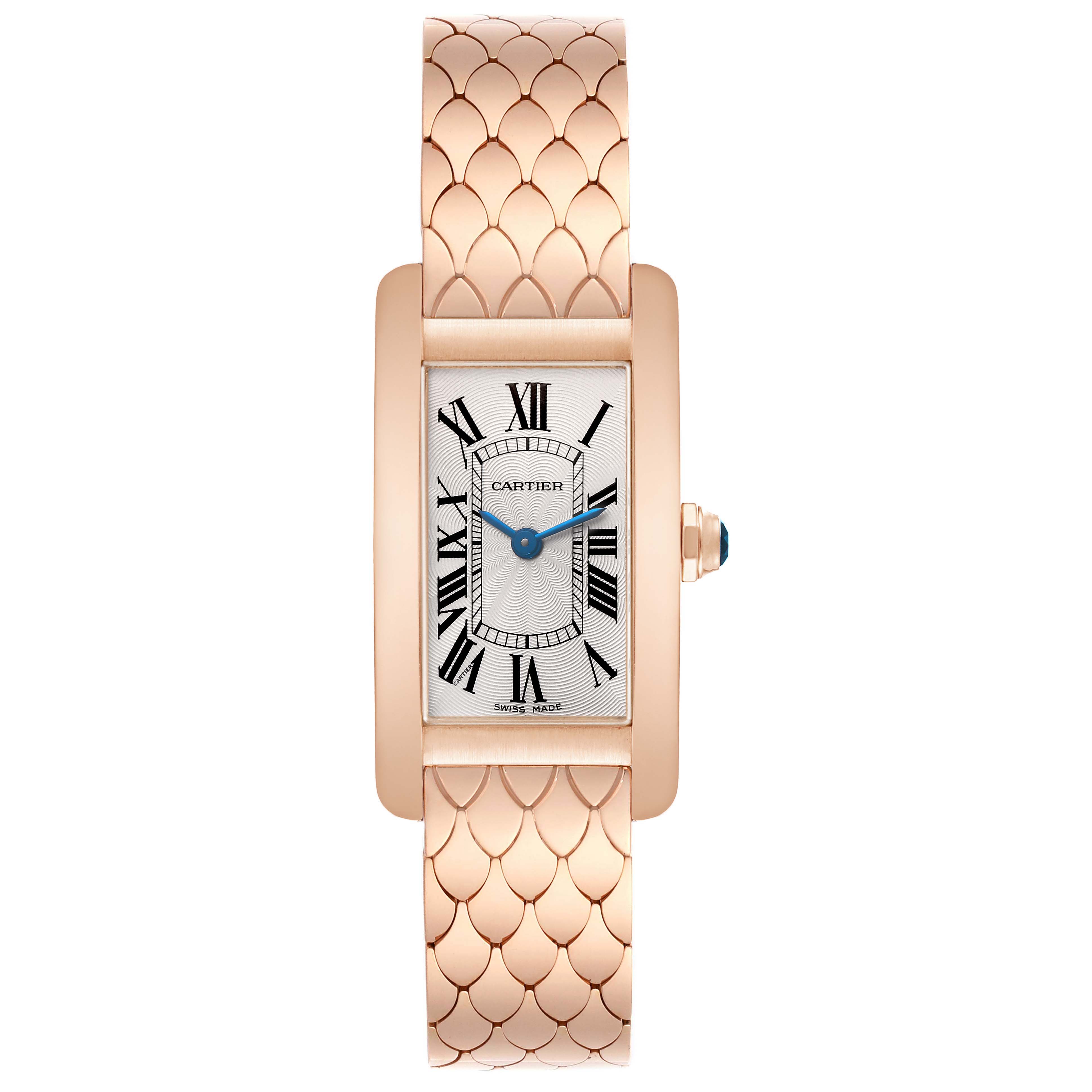 The Cartier Tank Americaine W2620031 Women's Rose Gold Silver Dial watch is shown from a top-down angle, highlighting its rectangular dial and patterned bracelet.