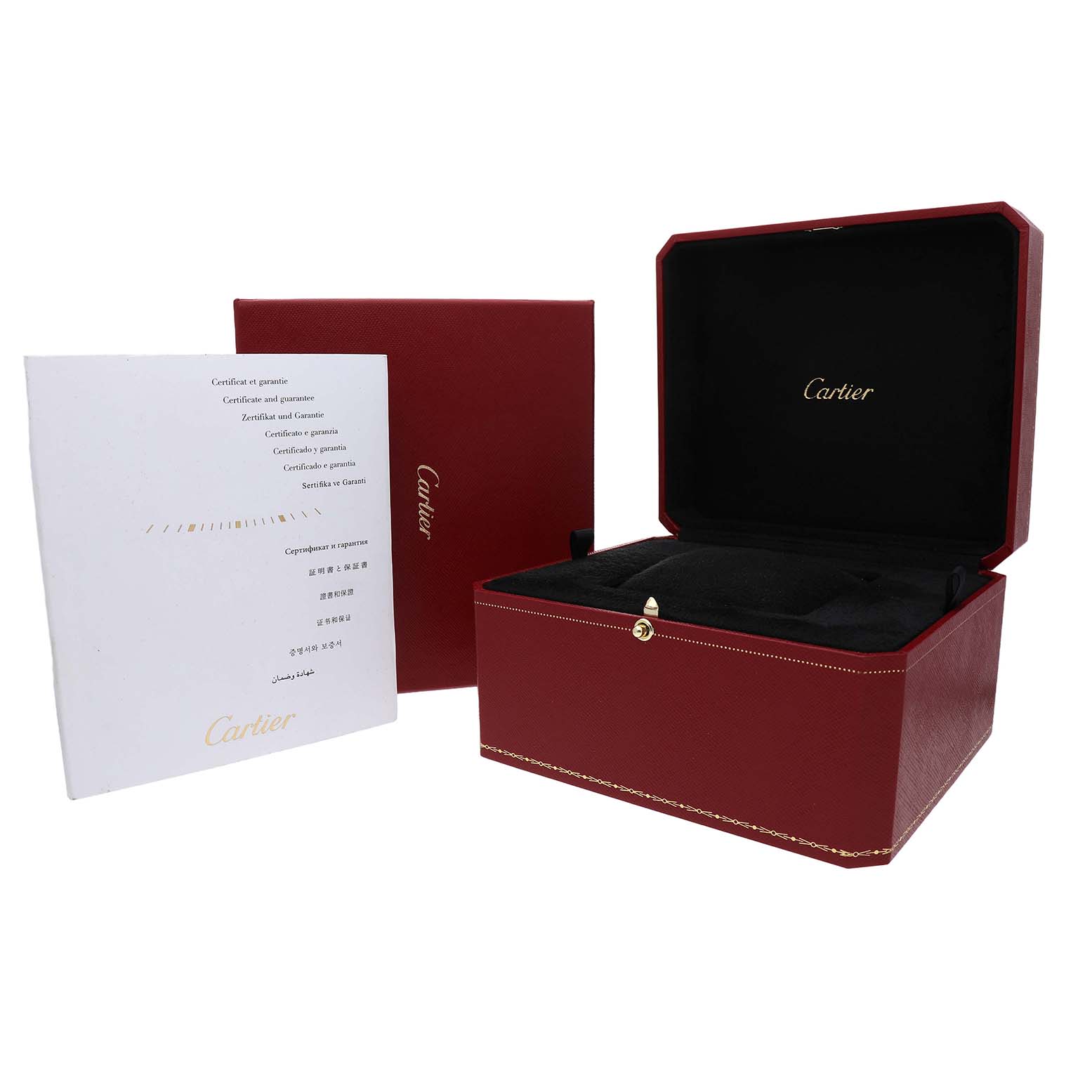 The image shows the Cartier Tank Americaine W2620031 Women's Rose Gold Silver Dial watch box and guarantee card, with the box open displaying its interior.