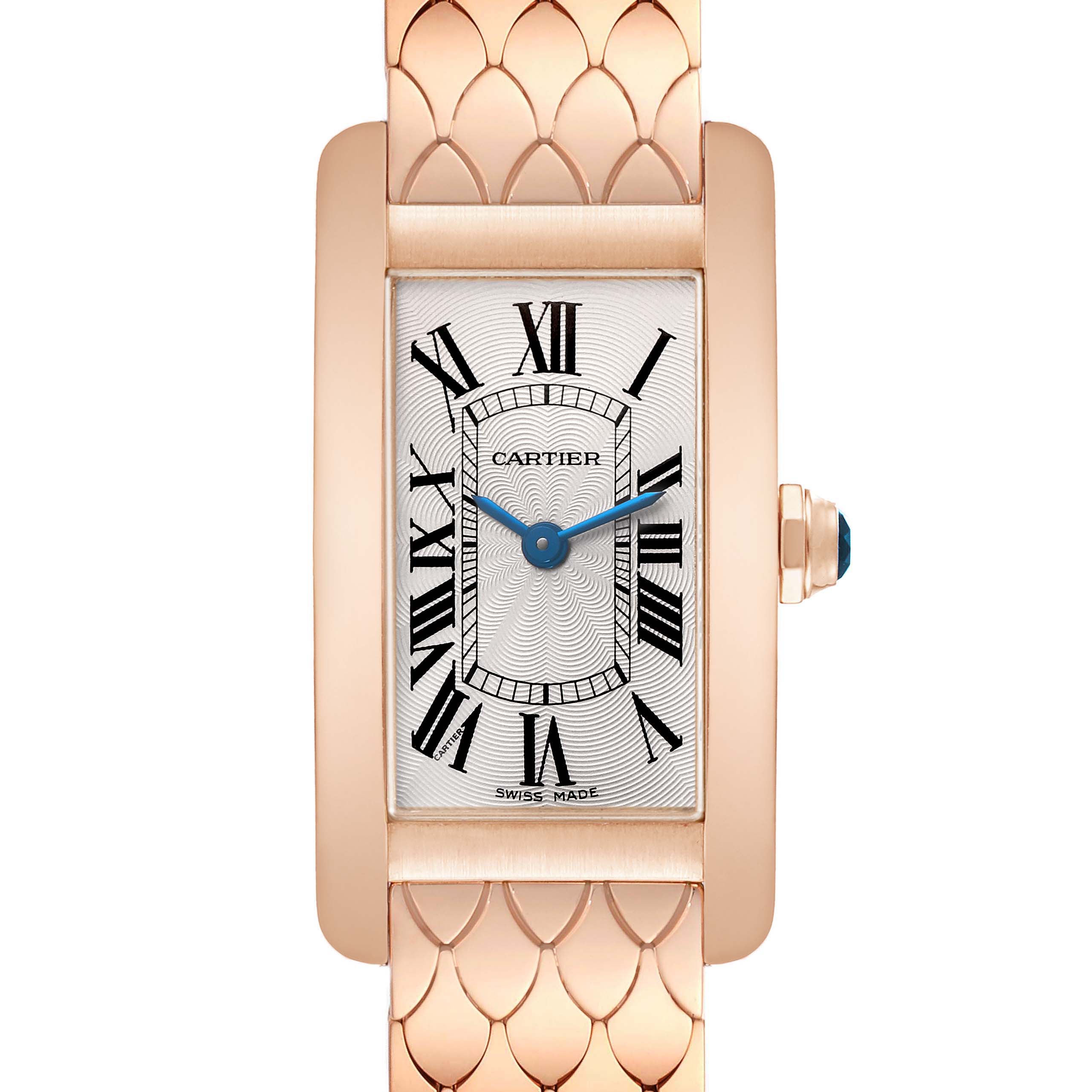 The Cartier Tank Américaine watch is shown from a front view, highlighting its rectangular face and detailed bracelet.