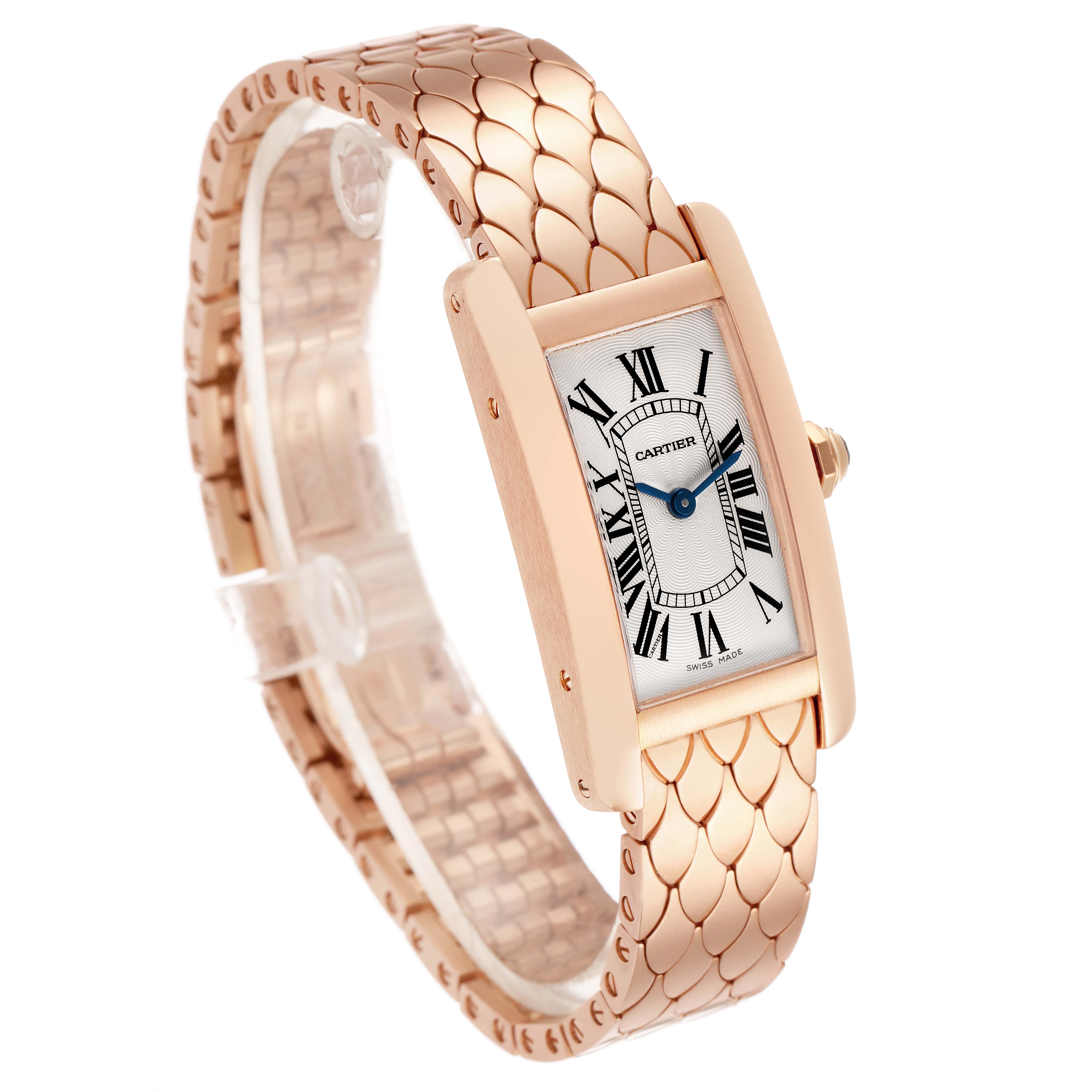 The Cartier Tank Américaine watch is shown from a three-quarter angle highlighting its rose gold case and detailed bracelet design.