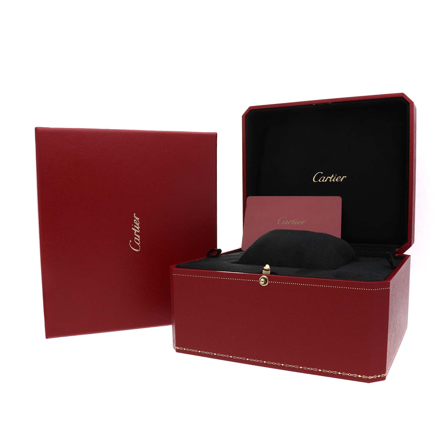 The image shows a Cartier Tank Americaine W2607456 Women's Rose Gold Silver Dial watch box and accessories, including an open red box with branding and a card.