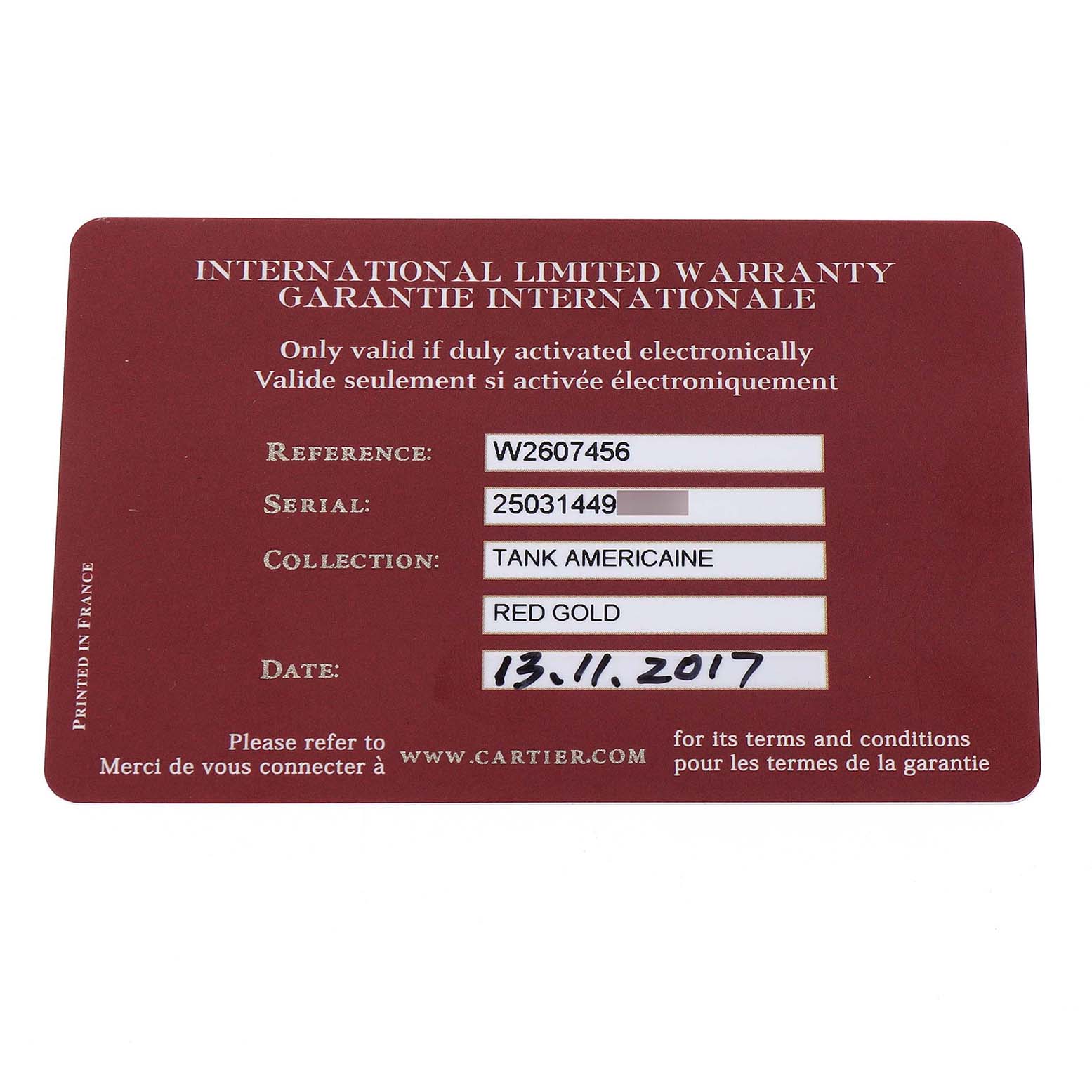 The image shows the warranty card for the Cartier Tank Americaine W2607456 Women's Rose Gold Silver Dial watch.