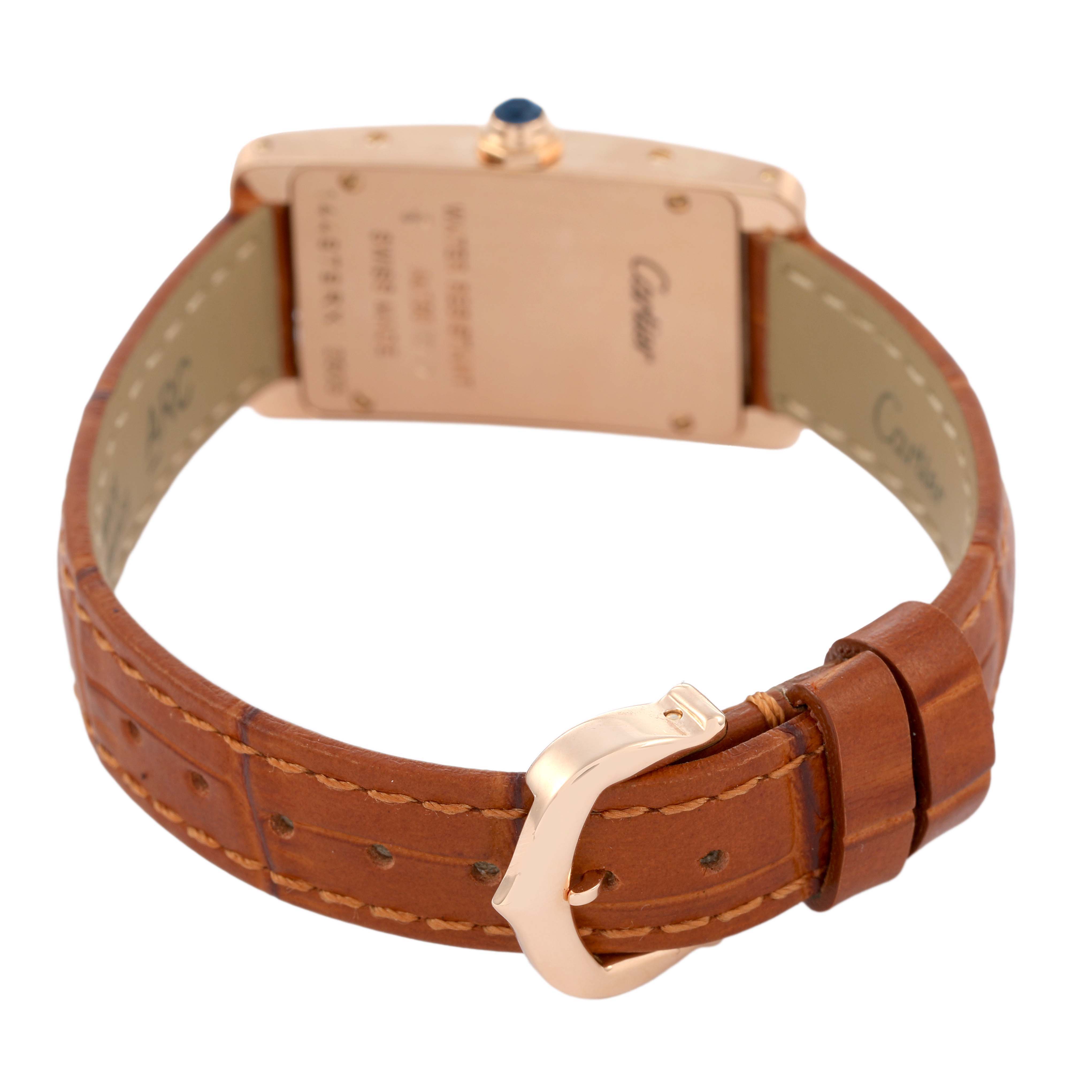 The image shows the back view of a Cartier Tank Americaine W2607456 Women's Rose Gold Silver Dial watch, highlighting the leather strap and buckle.