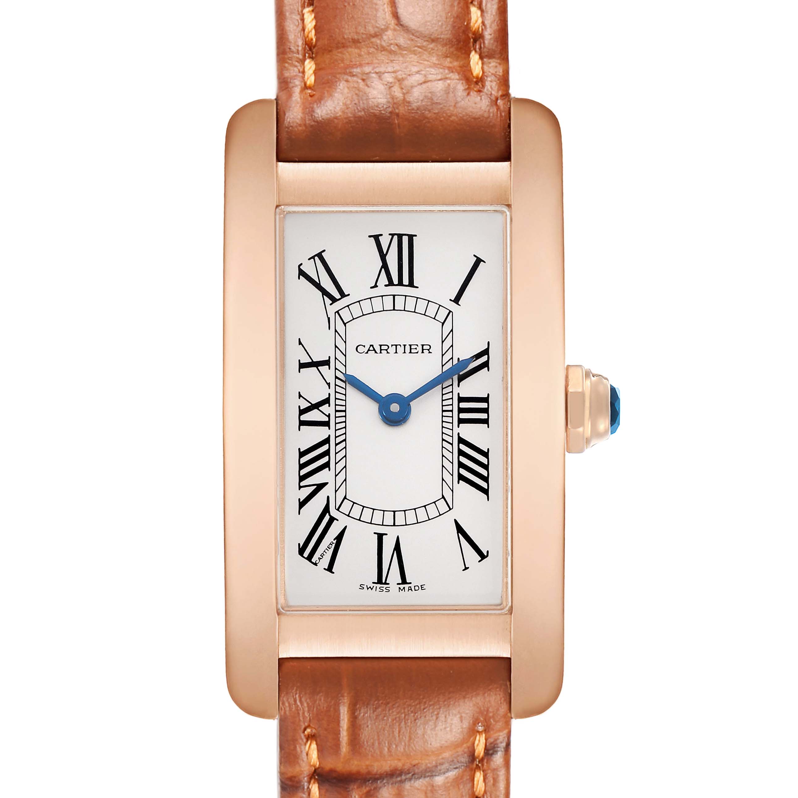 The Cartier Tank Américaine watch is shown from a front angle, highlighting its rectangular face, Roman numerals, and leather strap.