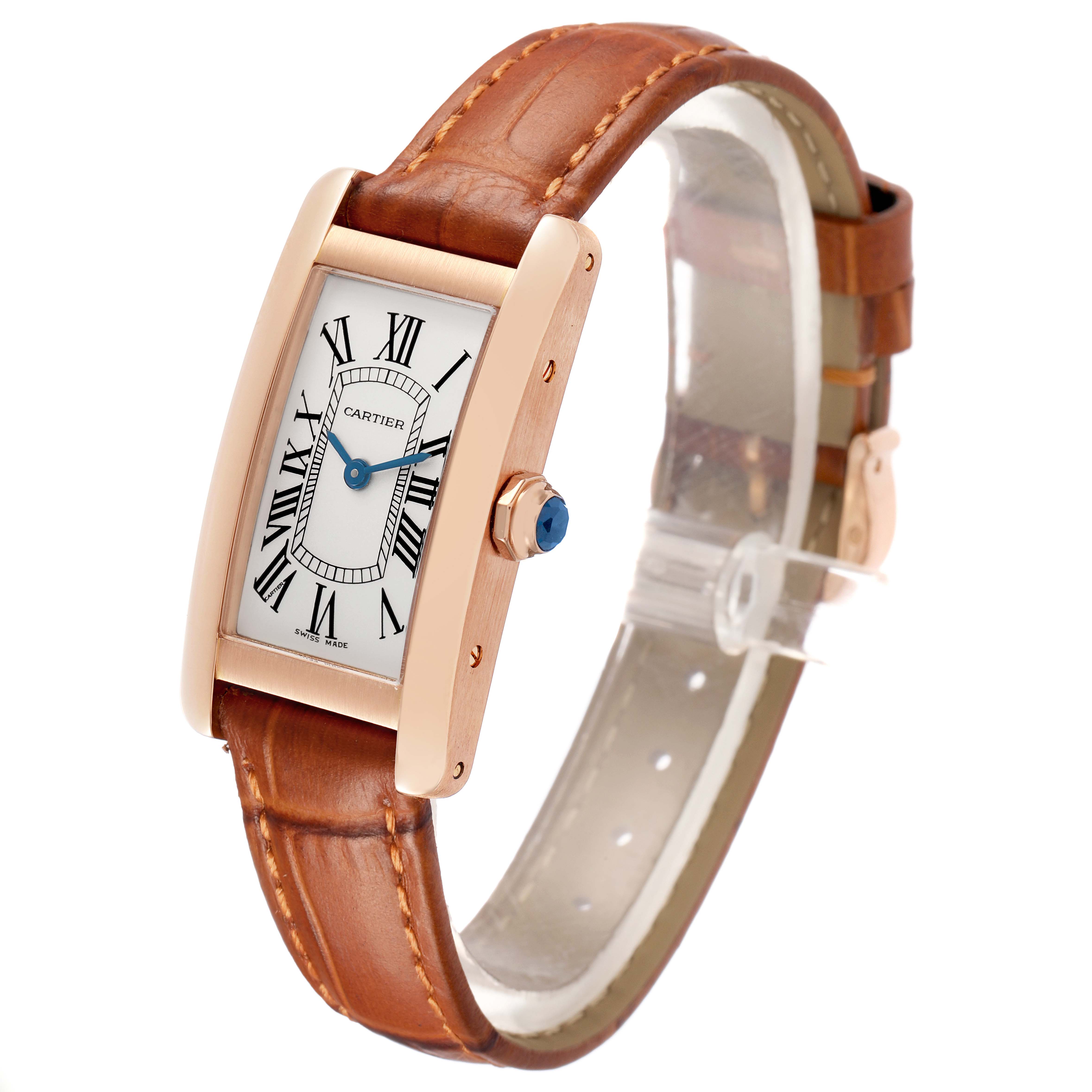 The Cartier Tank Americaine W2607456 Women's Rose Gold Silver Dial watch is shown at a three-quarter angle highlighting its rectangular face, strap, and crown.