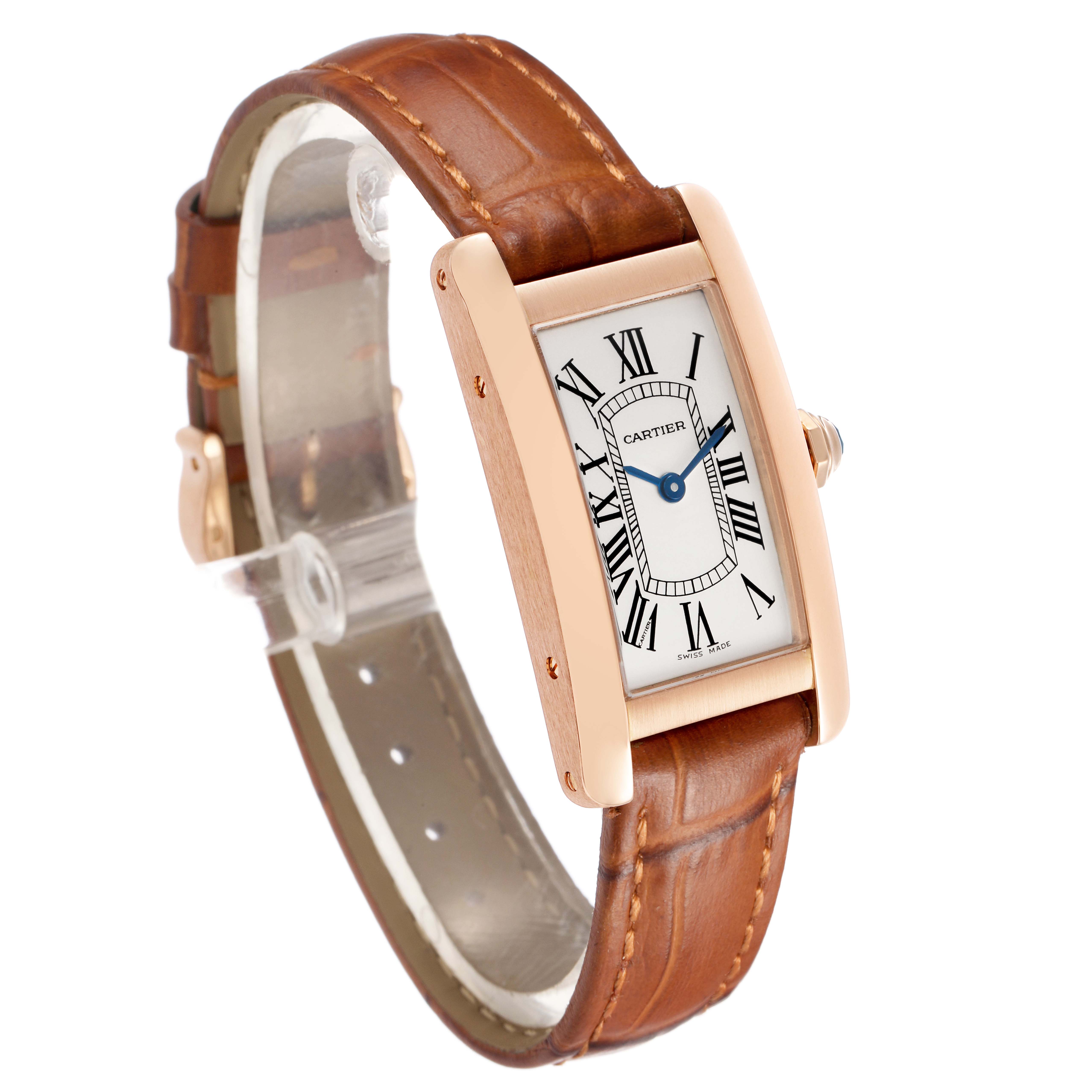 The Cartier Tank Americaine W2607456 Women's Rose Gold Silver Dial watch is shown at a three-quarter angle, highlighting the rectangular case, dial, and brown leather strap.