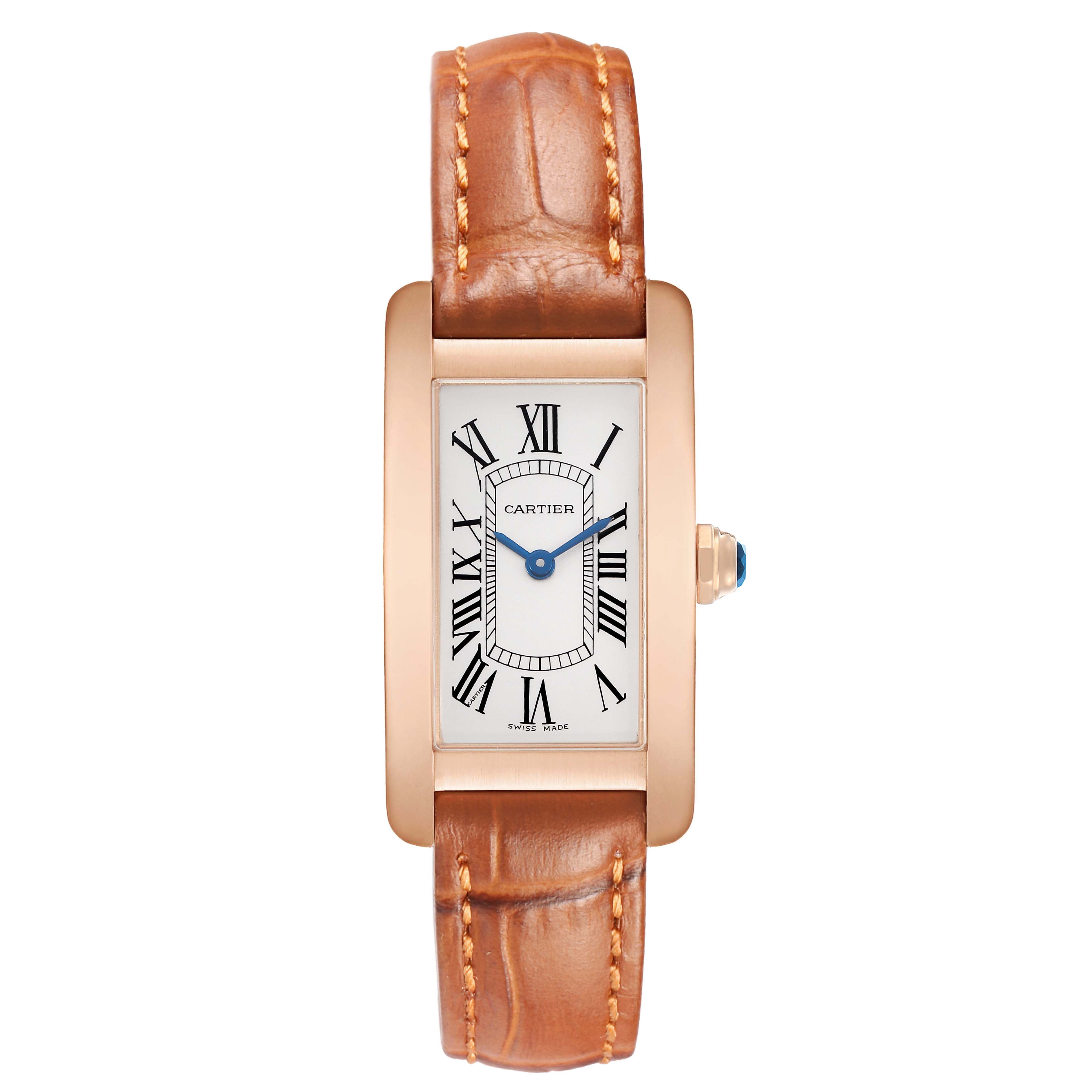 The Cartier Tank Américaine watch is shown from the front, featuring its rectangular dial and brown leather strap.