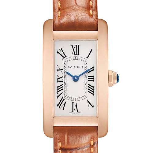 The Cartier Tank Américaine watch is shown from a straight-on perspective, highlighting its rectangular face, Roman numerals, and leather strap.