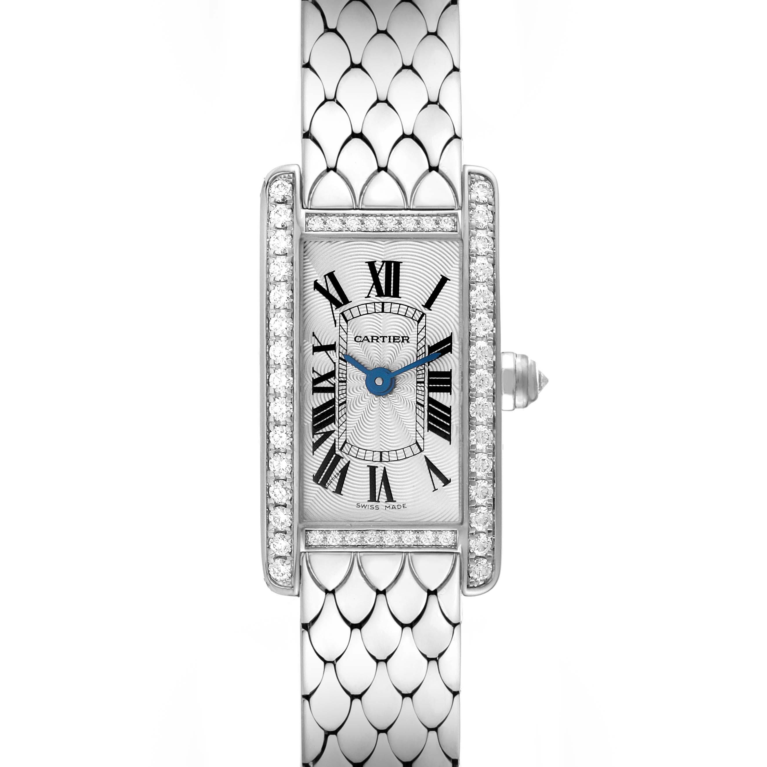 The image shows a front view of the Cartier Tank Americaine WB710013 Women's White Gold Silver Dial WB710013 Women's White Gold Silver Dial watch, highlighting its face, bezel, blue hands, and bracelet.
