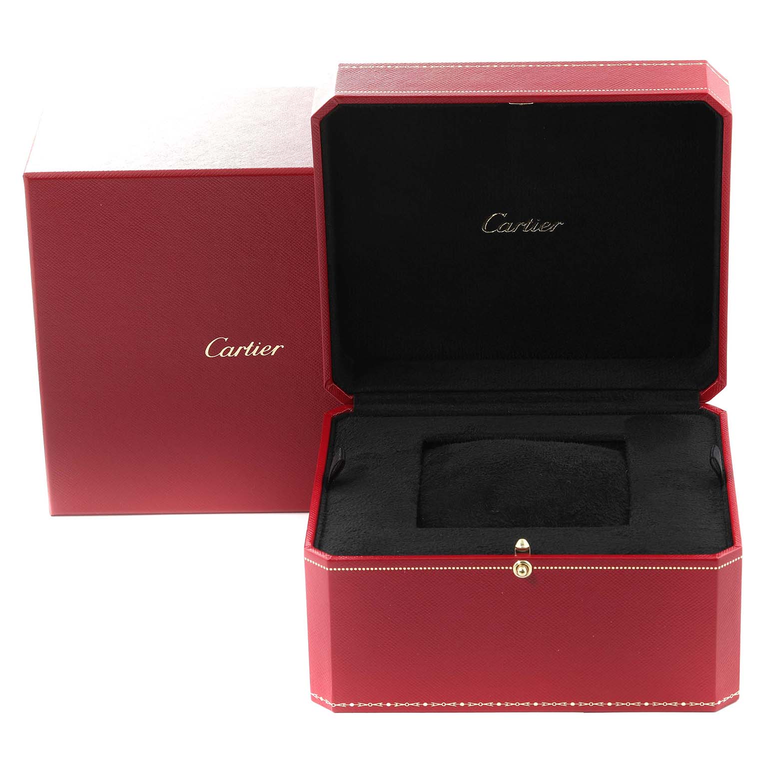 This image shows the open and closed red box for the Cartier Tank Américaine watch, with the Cartier logo visible inside.