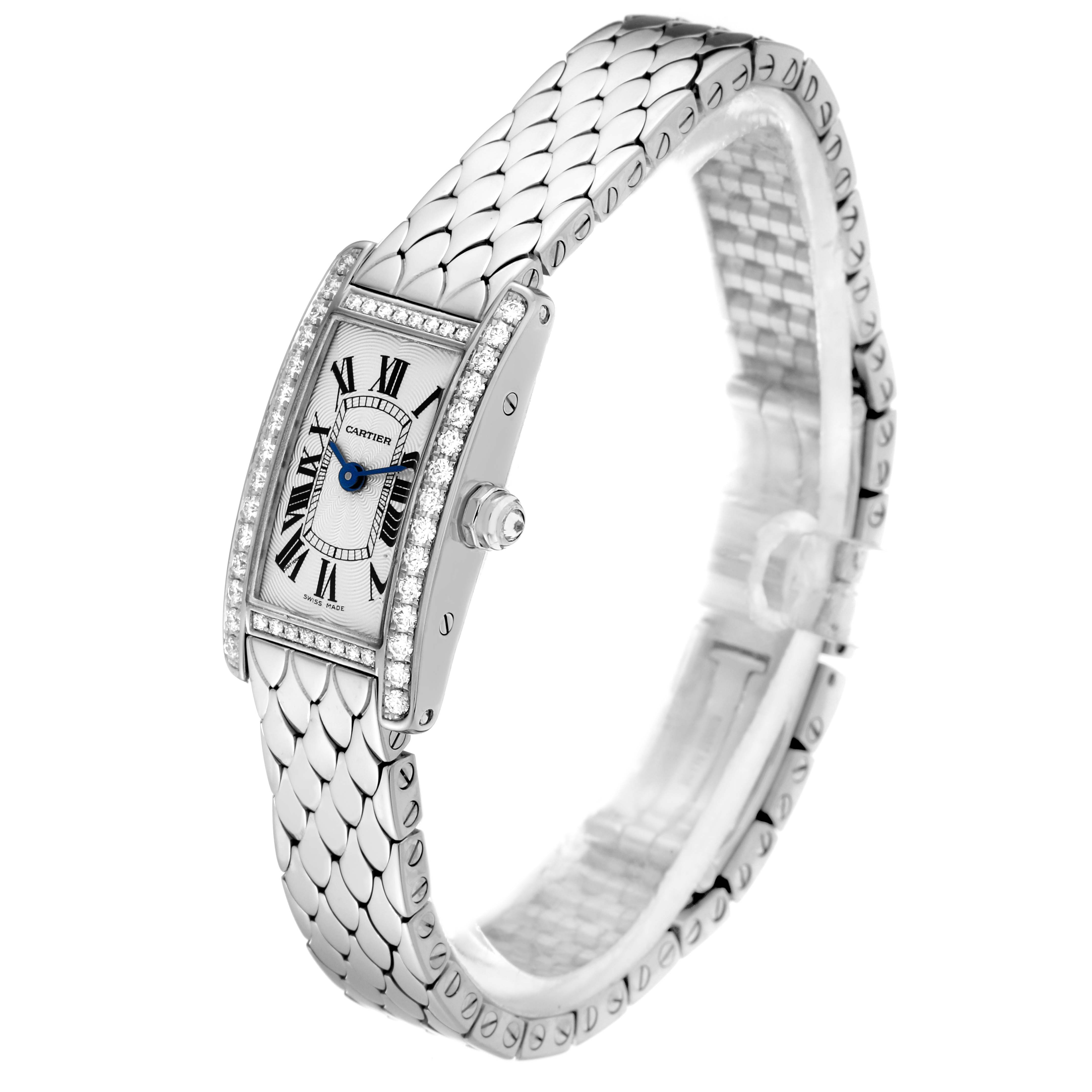 This image shows a Cartier Tank Americaine WB710013 Women's White Gold Silver Dial WB710013 Women's White Gold Silver Dial watch from an angled side view, highlighting the face, bezel, and bracelet.