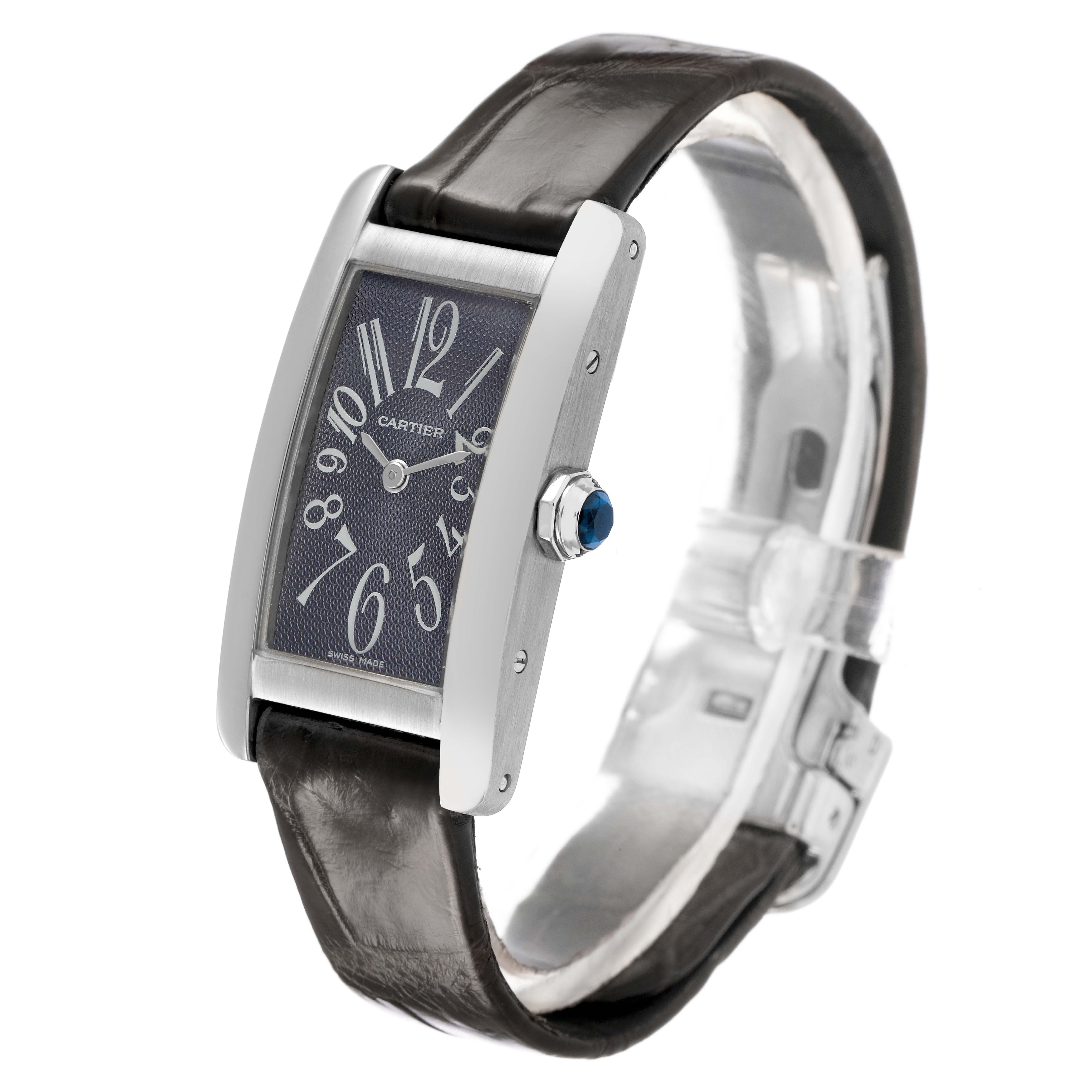 The Cartier Tank Americaine W2605129 Women's White Gold Grey Dial watch is shown at a side angle, highlighting the face, crown, and strap.