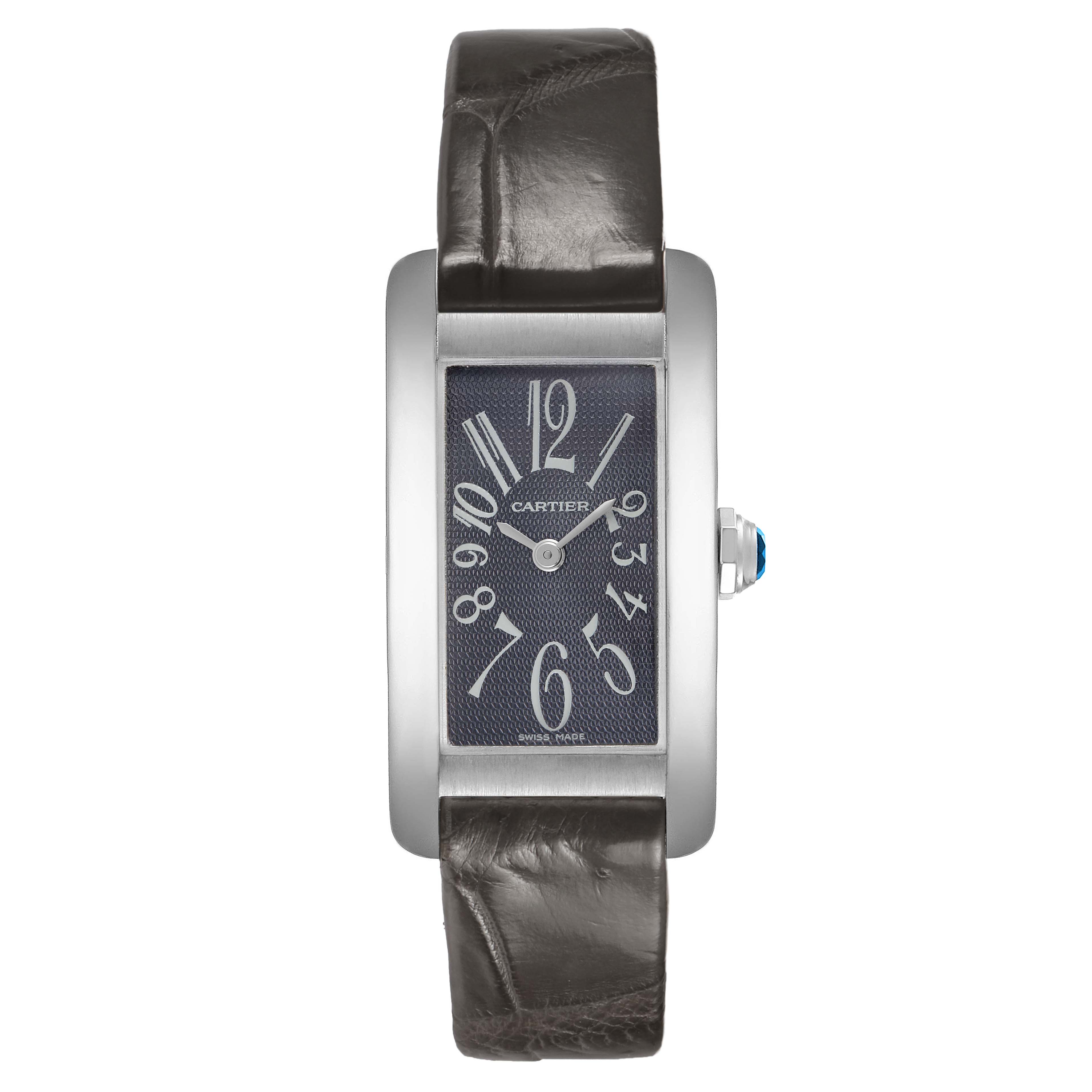 The image shows a front view of the Cartier Tank Américaine watch, featuring its rectangular face and leather strap.