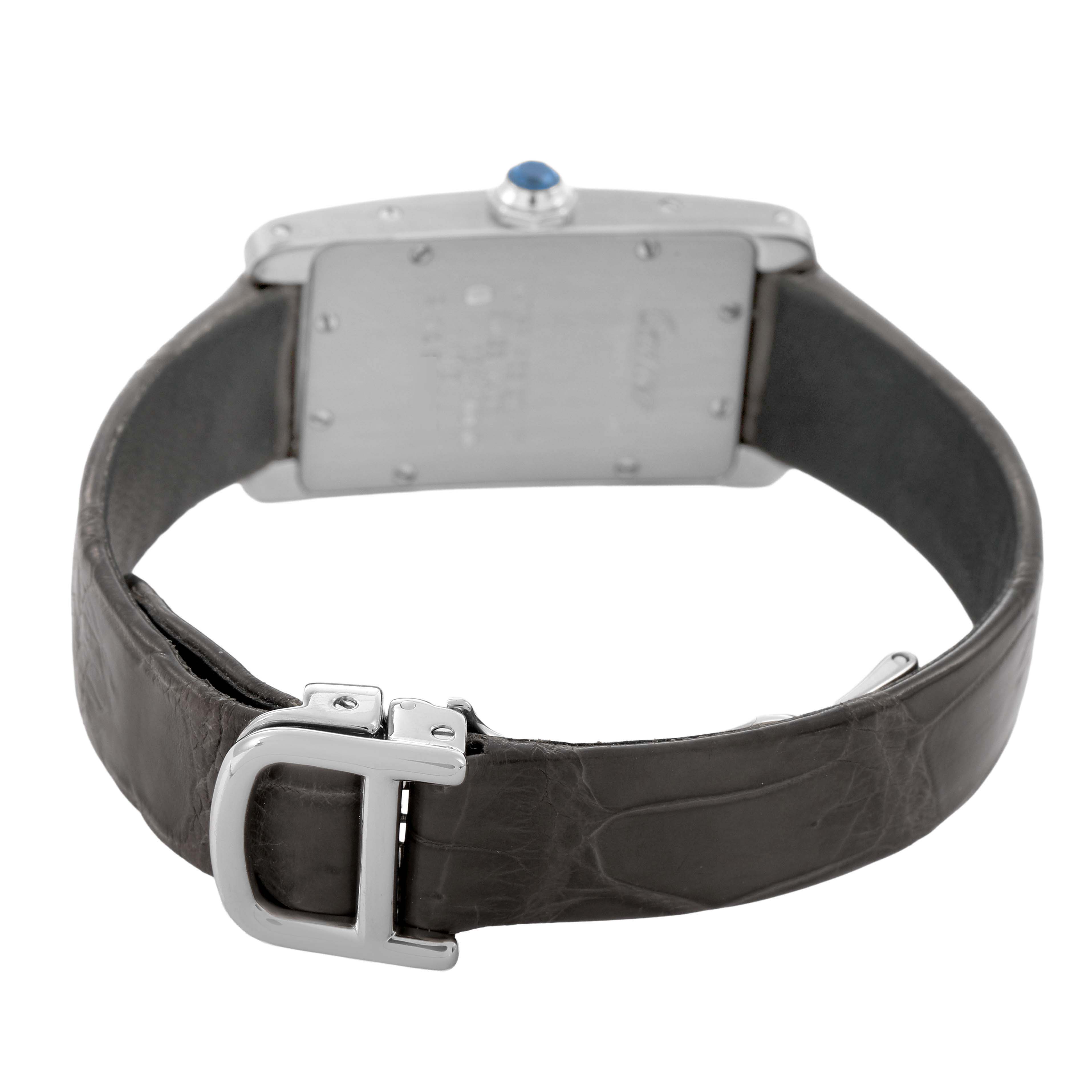 The Cartier Tank Americaine W2605129 Women's White Gold Grey Dial watch is shown from the back, highlighting the leather strap and clasp.