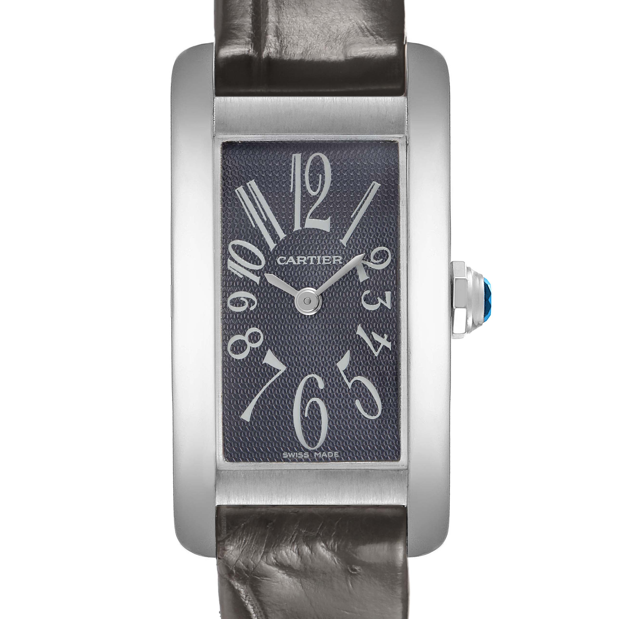 The Cartier Tank Americaine W2605129 Women's White Gold Grey Dial watch is shown from a top-down angle, highlighting its rectangular dial and leather strap.