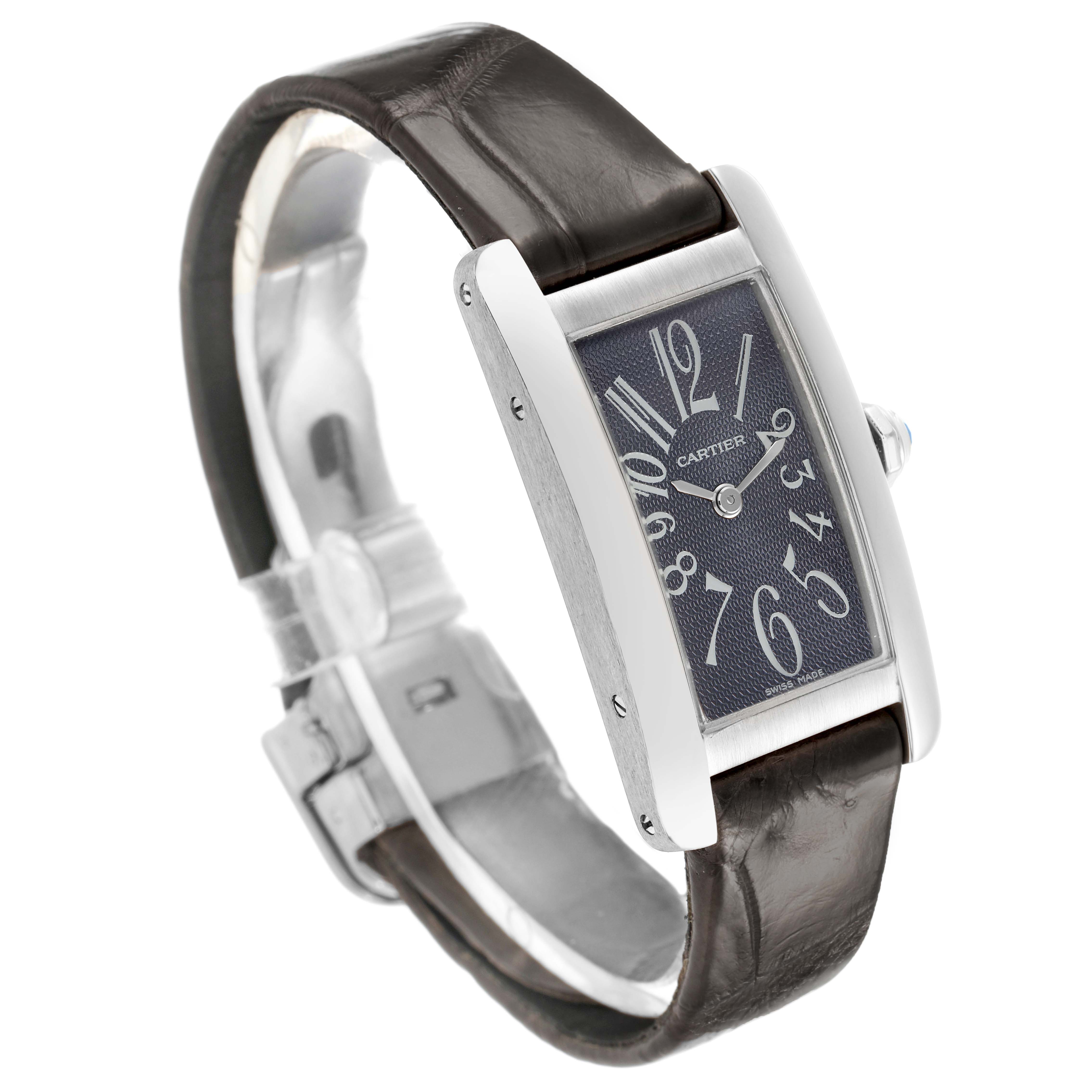The Cartier Tank Americaine W2605129 Women's White Gold Grey Dial watch is shown at an angled side view, displaying its rectangular dial, bezel, and leather strap clearly.