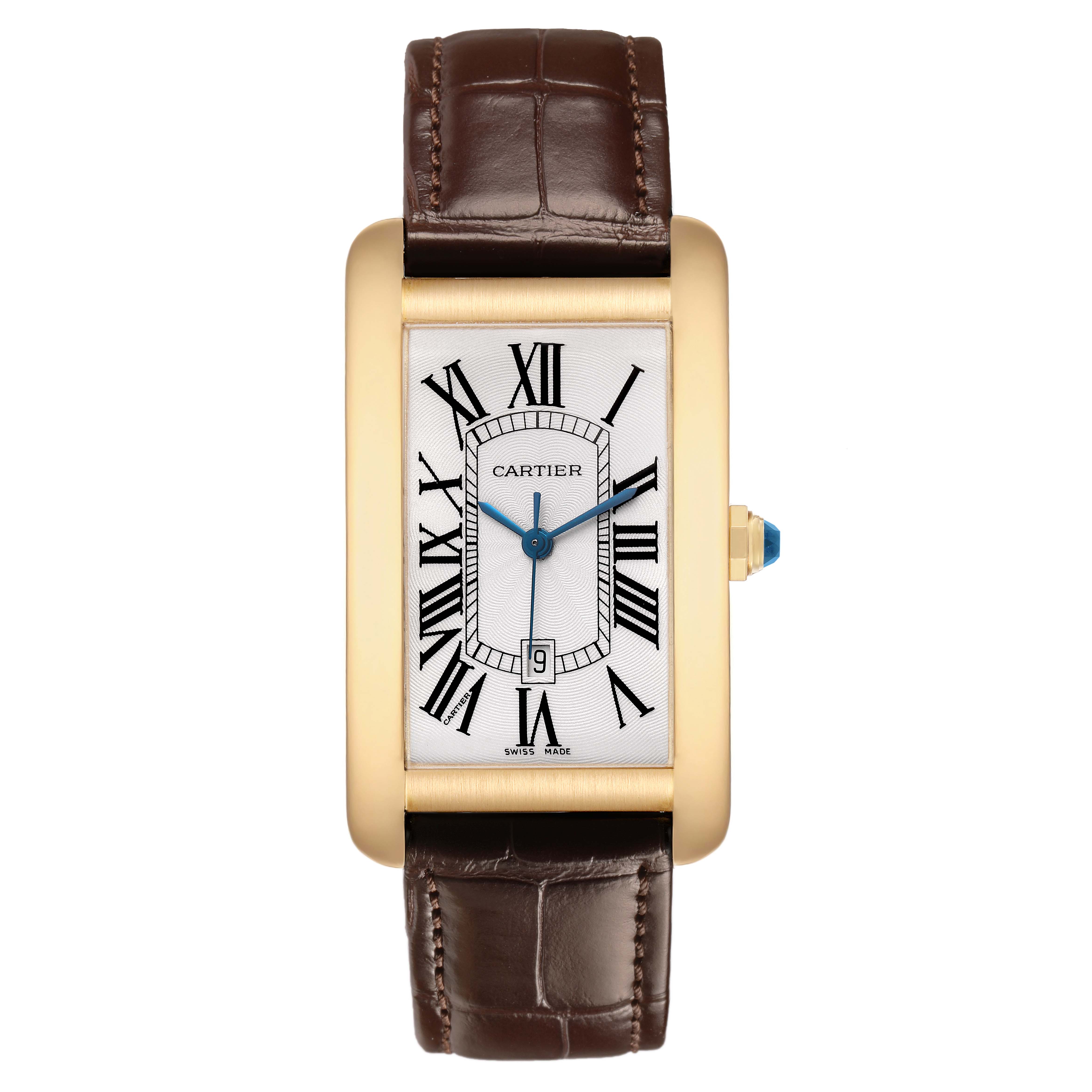 The Cartier Tank Americaine W2603156 Men's Yellow Gold Silver Dial watch is shown from a top-down angle, highlighting the rectangular face, Roman numerals, and leather strap.